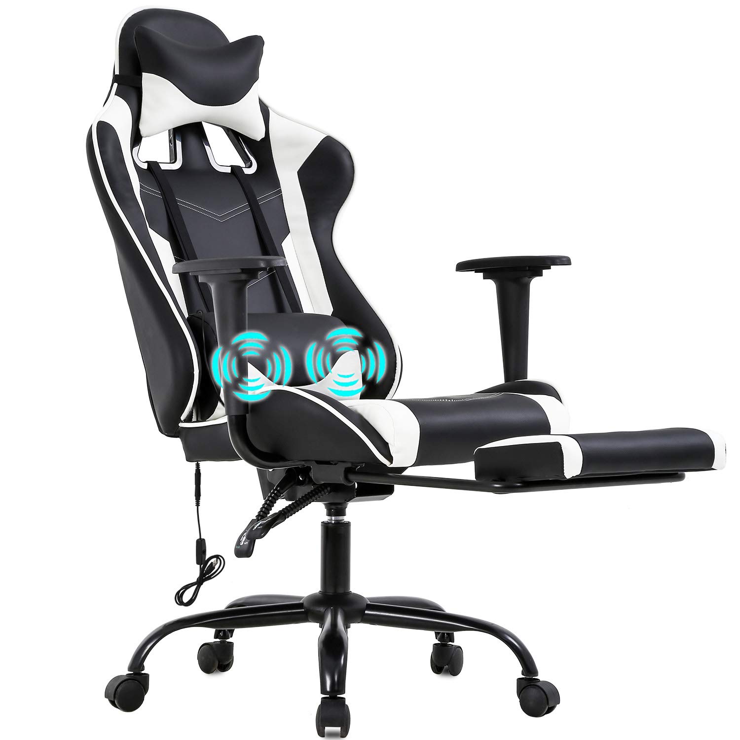 Ergonomic Gaming Chair with Lumbar Support - PU Leather PC & Office Chair, Adjustable Recliner with Massage Function, Swivel Rolling Task Chair for Adults (White) - Perfect for Home Office, Gaming Setup & Workstation Comfort