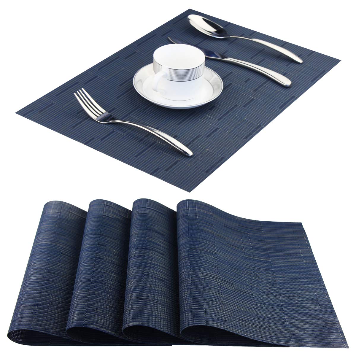Washable Vinyl Placemats Set of 4 - Navy Blue Woven Table Mats for Dining, Kitchen & Outdoor Use - Easy to Clean & Durable Tableware Decor