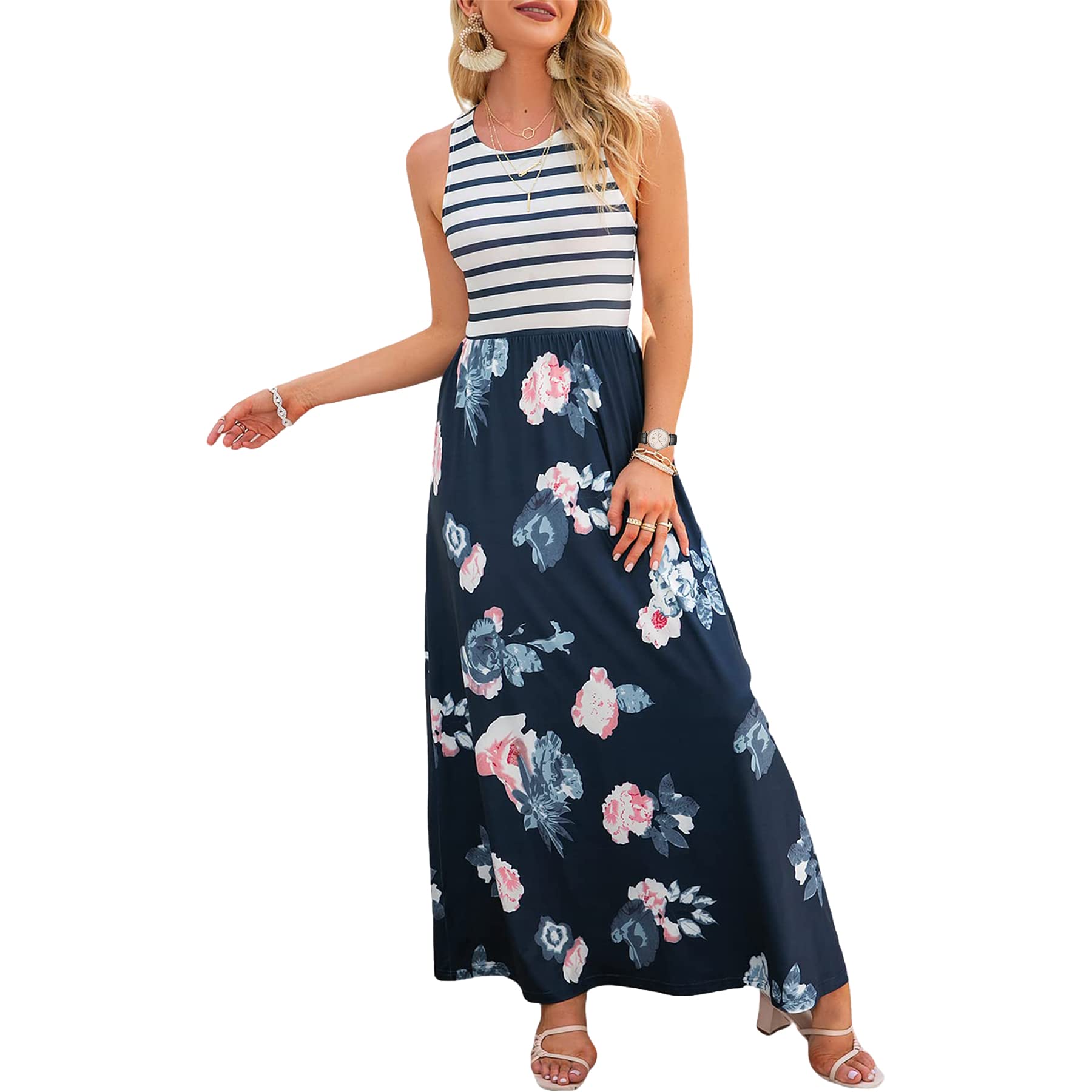 WERLIKE Women's Floral Print Sleeveless Maxi Dress - Striped Summer Casual Long Dress for Beach, Vacation & Outdoor Activities
