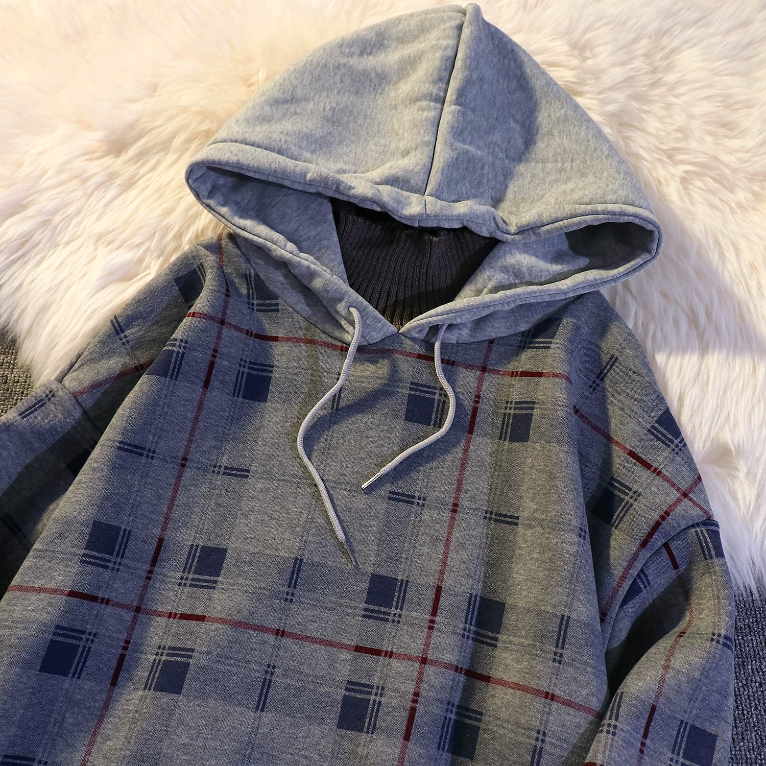 Women's Plaid Fleece Hoodie with Fake Two-Piece Design & Turtle Neck - Korean Style Pullover for Skateboarding & Fall Winter Fashion