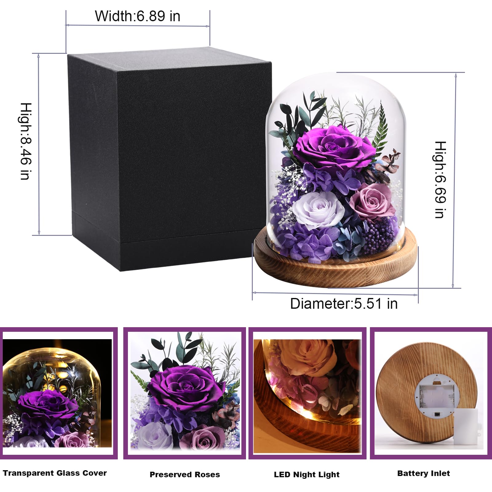 Long-Lasting Preserved Purple Rose in Glass Dome - Romantic Birthday Gift for Women, Mom & Friends | Flower Delivery for Anniversaries, Valentine's Day & Special Occasions
