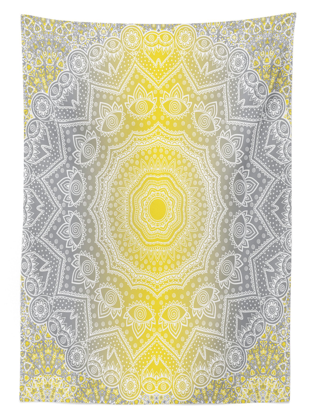 Ambesonne Boho Mandala Ombre Outdoor Tablecloth - Spiral Round Floral Print Washable Picnic Table Cover - Yellow & Grey Decorative Tablecloth 58