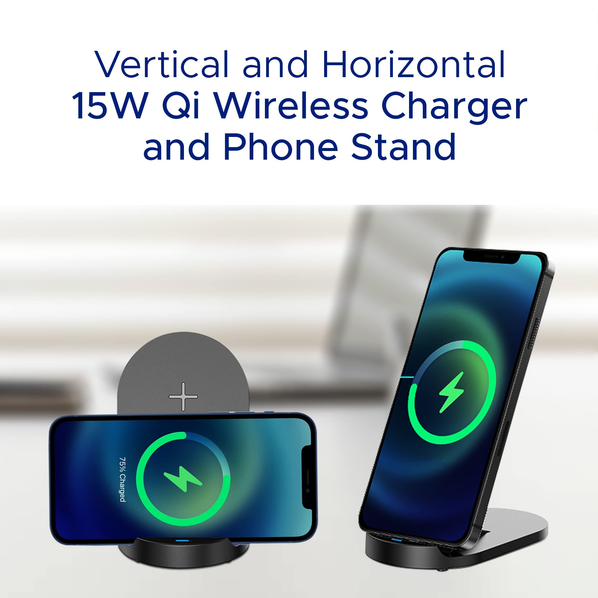 15W Fast Wireless Charger Stand for iPhone & Samsung Galaxy - Dual Coil Phone Charging Dock with Auto-Off Protection | Perfect for Bedside, Office Desk & Nightstand (Black) - USB-C Cable Not Included