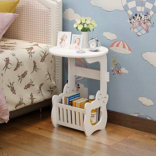 White Wooden Snack Side Table - Small Round Carved Bedside Table for Living Room, Bedroom, Dorm | Multi-Functional Coffee Table, Tea Table, Nightstand | Compact Furniture for Small Spaces