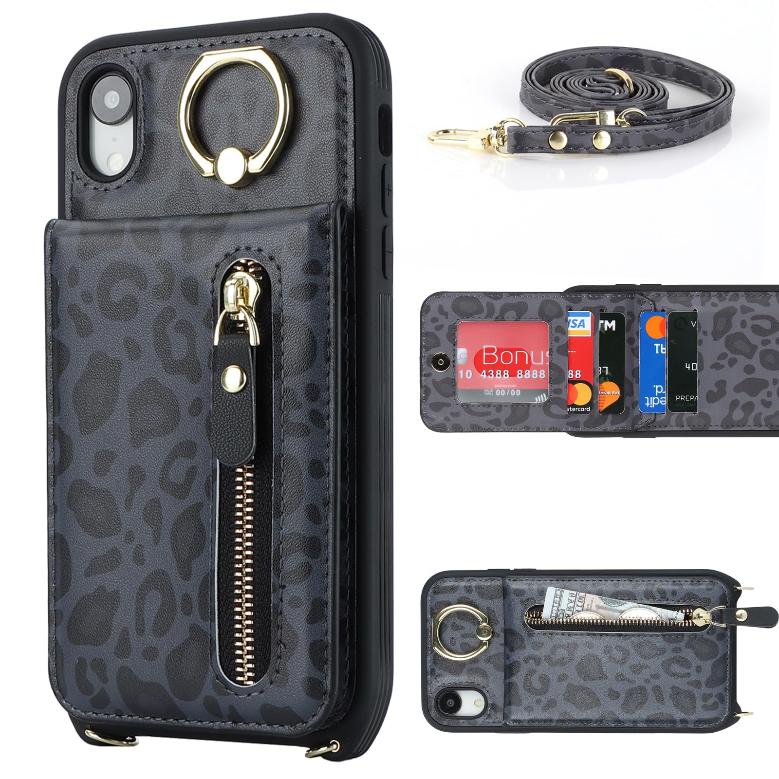 Premium iPhone XR Phone Case with Card Holder & Wrist Strap - Women's Wallet Case with Credit Card Slots, Kickstand & Zipper Closure (Black Leopard Print) - Perfect for Everyday Use, Travel & Hands-Free Convenience