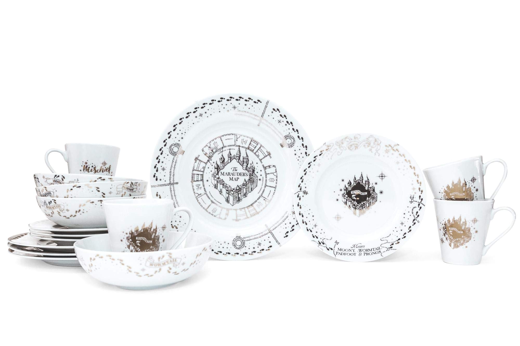 Harry Potter Marauders Map 16-Piece Ceramic Dinnerware Set | Hogwarts-Themed Dish Set for 4 People | Includes Dinner Plates, Salad Plates, Bowls & Mugs | Perfect for Themed Parties, Movie Nights & Potterhead Collectors
