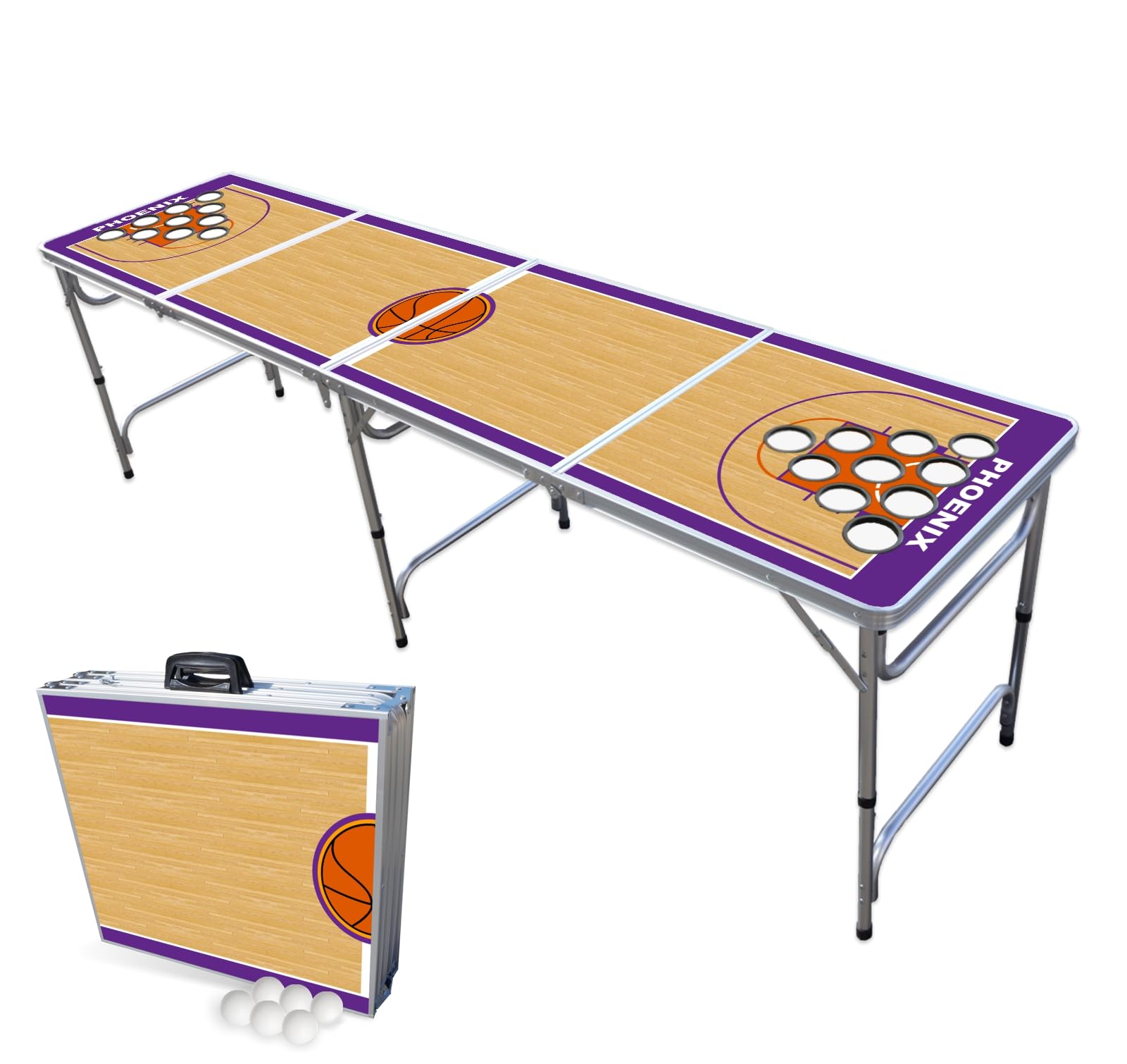 8-Foot Folding Portable Beer Pong Table with LED Lights & Cup Holders - Phoenix Basketball Court Design for Indoor/Outdoor Parties, Tailgates & Game Nights (Multiple Models Available)