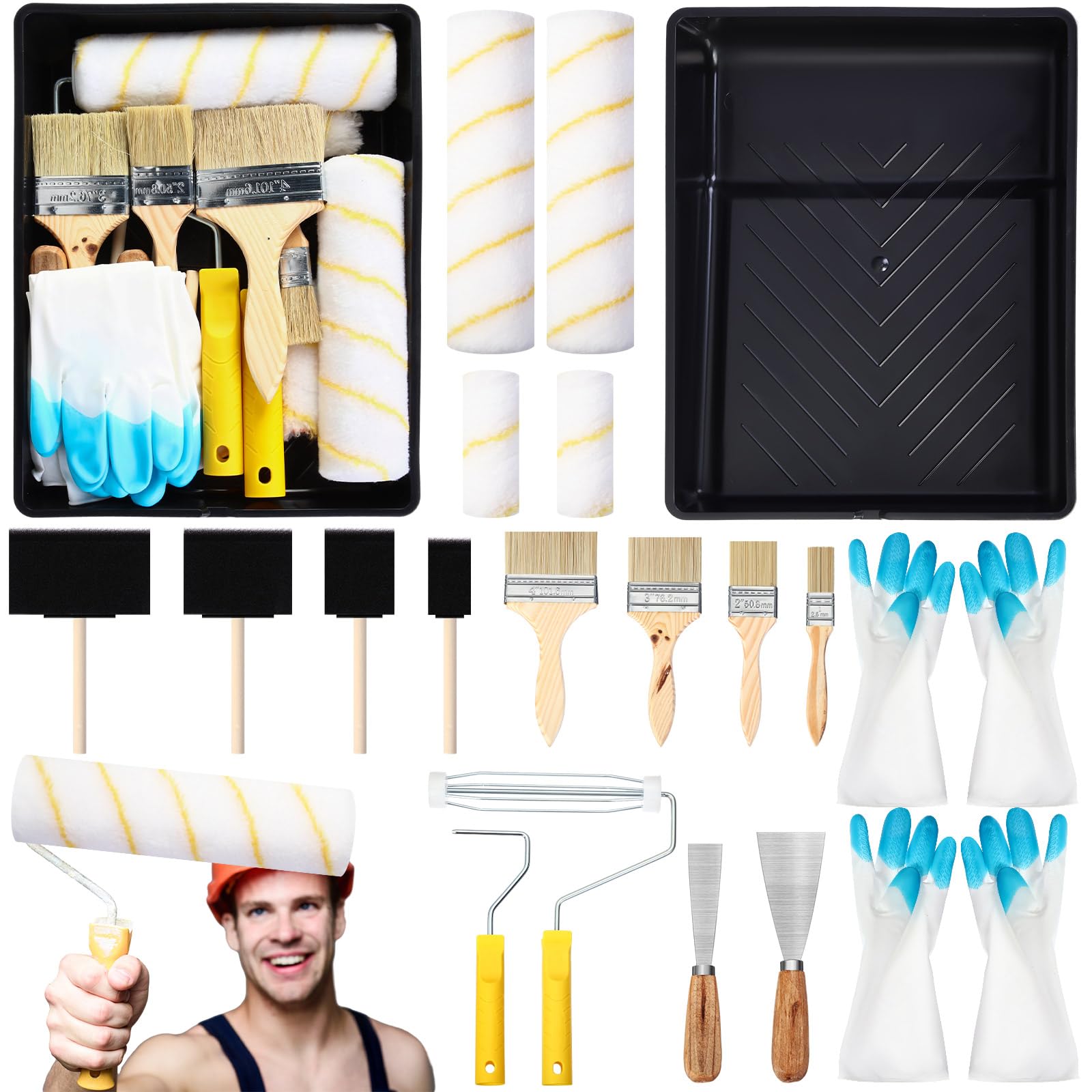 Gisafai 19-Piece Paint Roller Kit with 2 Rollers, 4 Covers, Paint Tray, Scrapers & Brushes - Complete Wall Painting Set for House, Door, Cabinet DIY Projects