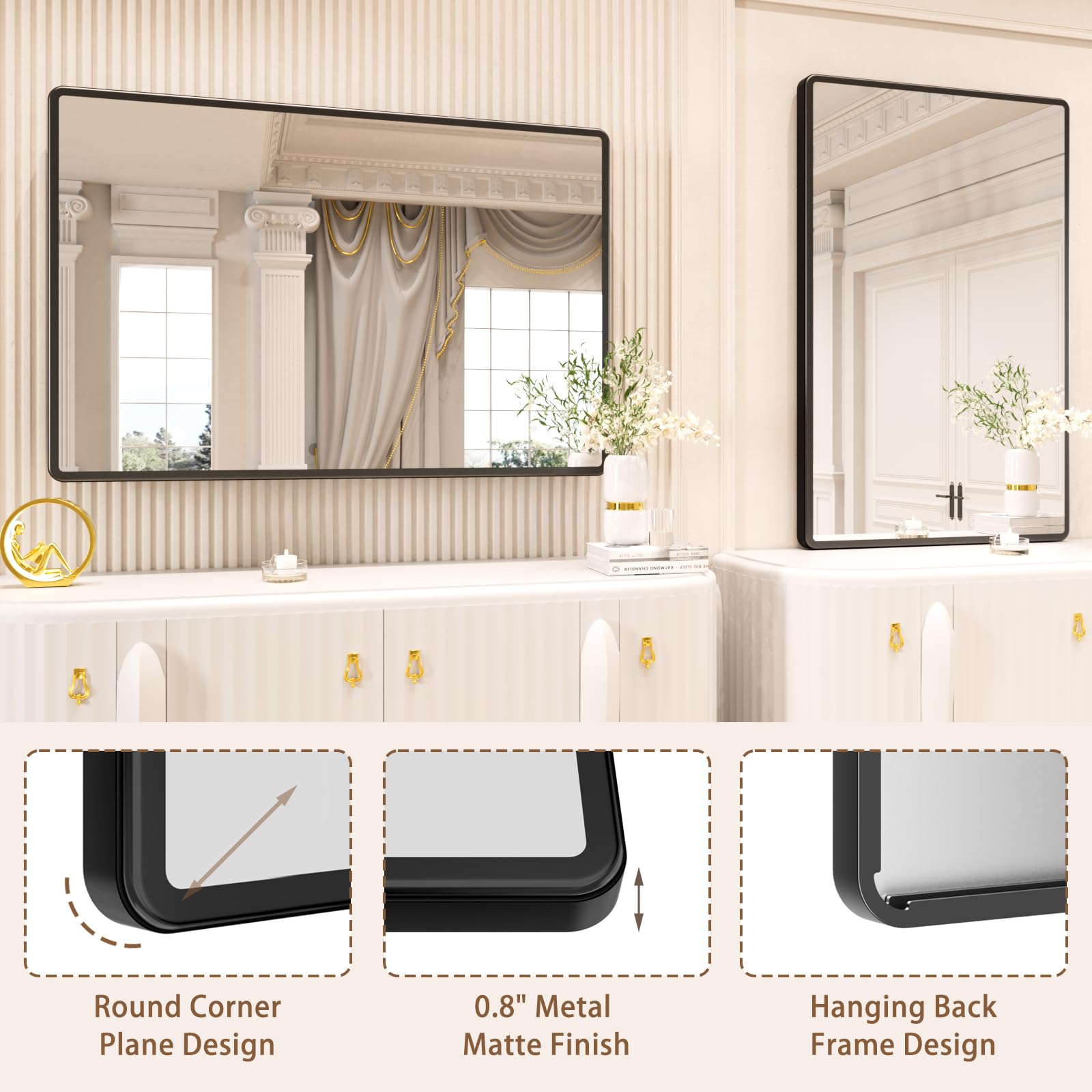 48x32 Inch Black Metal Frame Wall Mounted Bathroom Mirror - Rounded Rectangle Tempered Glass Vanity Mirror for Bathroom, Bedroom & Living Room - Perfect for Modern Home Decor and Makeup Area