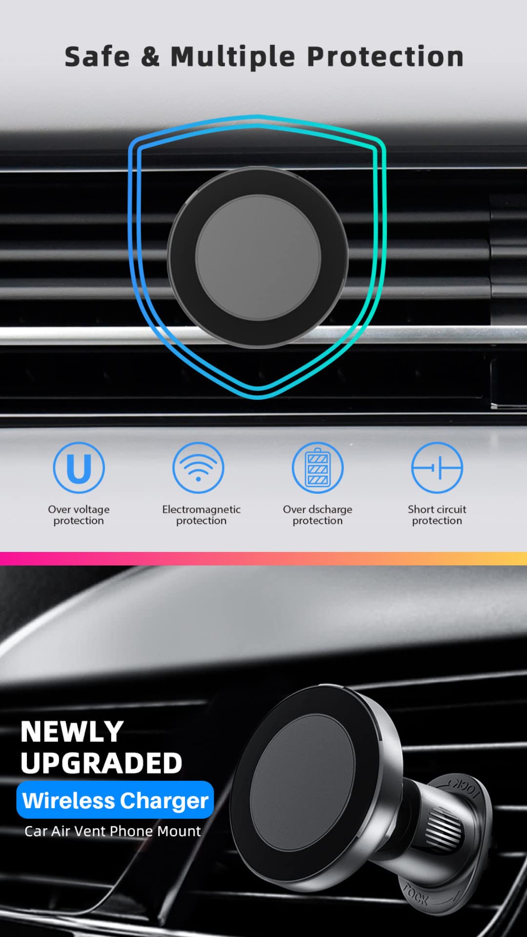 15W Magnetic Car Phone Mount Wireless Charger - Fast Charging Compatible with iPhone, Samsung, Huawei - 360° Adjustable Vent Mount for Safe Driving & Hands-Free Navigation
