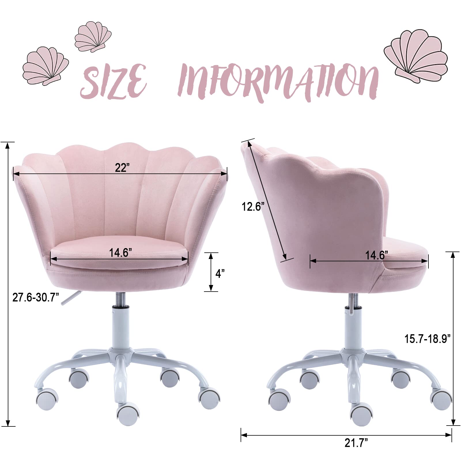 PDTXCLS Velvet Kids Desk Chair - Adjustable Swivel Task Chair for Girls, Light Pink - Perfect for Bedroom, Study Room, Makeup Vanity & Computer Desk