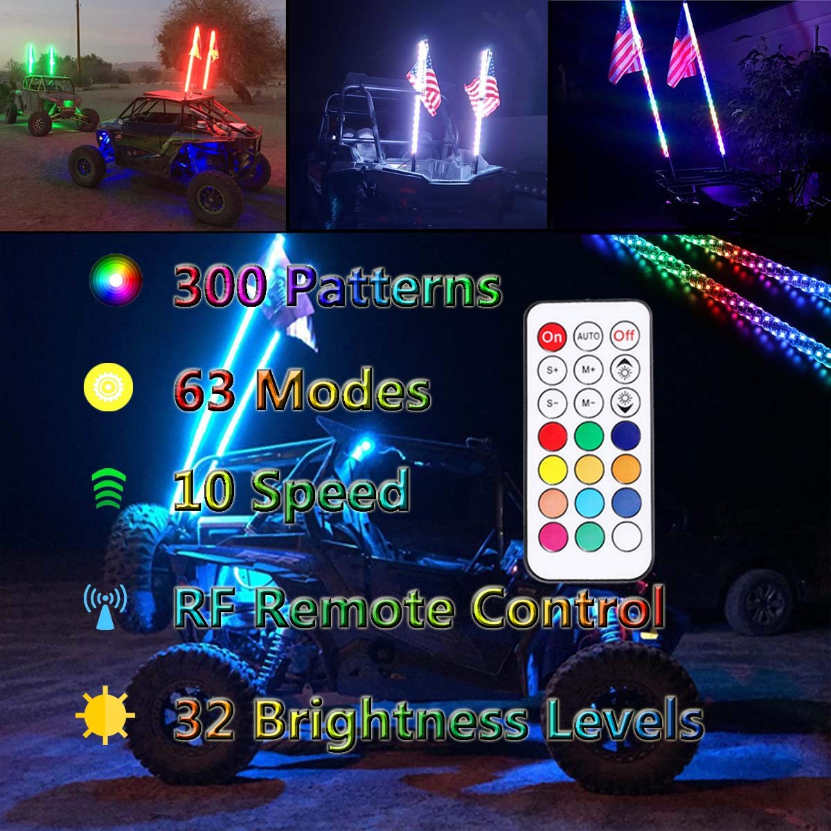 4FT LED Whip Lights - 2 Pack RGB Spiral Antenna Lights with RF Remote Control, 360° Illumination for Off-Road ATV, UTV, Polaris RZR & 4x4 Trucks | Durable Waterproof Design for Night Riding, Camping & Outdoor Adventures