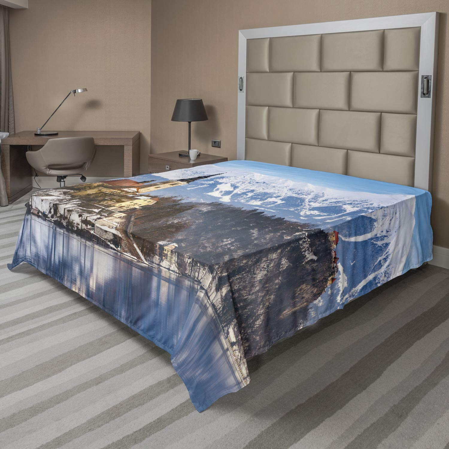Ambesonne Winter Flat Sheet - Lake Bled Slovenia Scenic Travel Photo Print, Soft Comfortable Decorative Bedding - Full Size Multicolor Top Sheet for Cozy Winter Nights & European-Themed Bedrooms