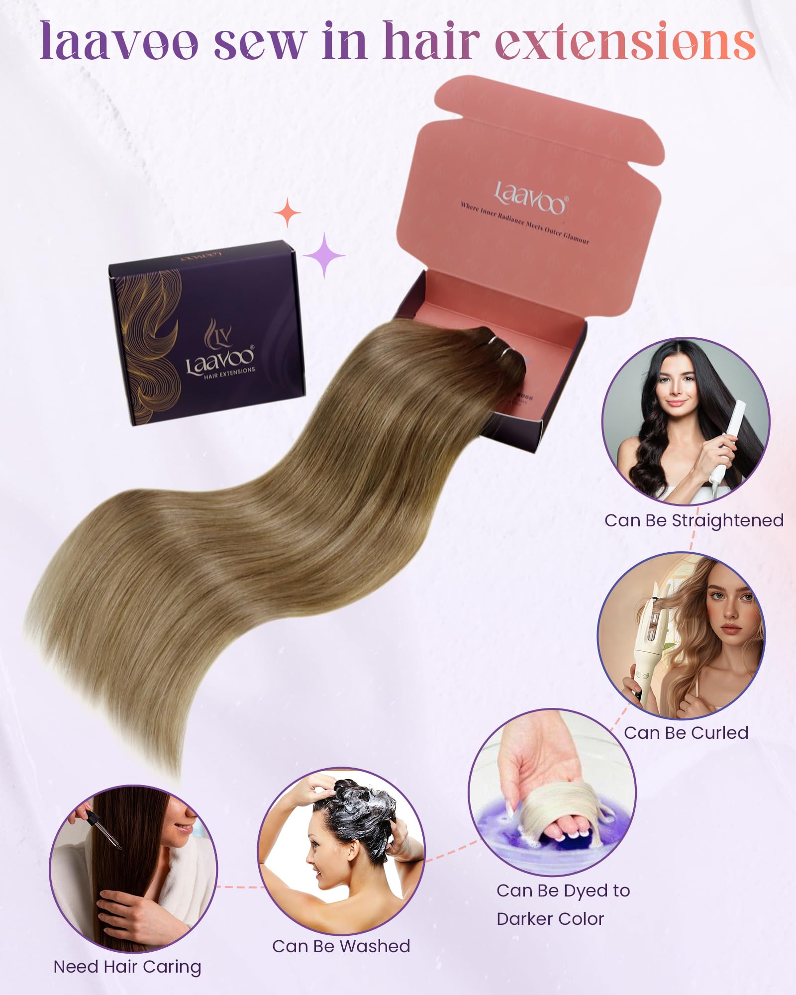 LaaVoo 22 Inch Sew in Hair Extensions - 100g Real Human Hair, Brown Balayage to Light Brown Ombre Golden Blonde - Long Weft Hair for Styling & Volume | Perfect for Weddings, Parties & Daily Wear