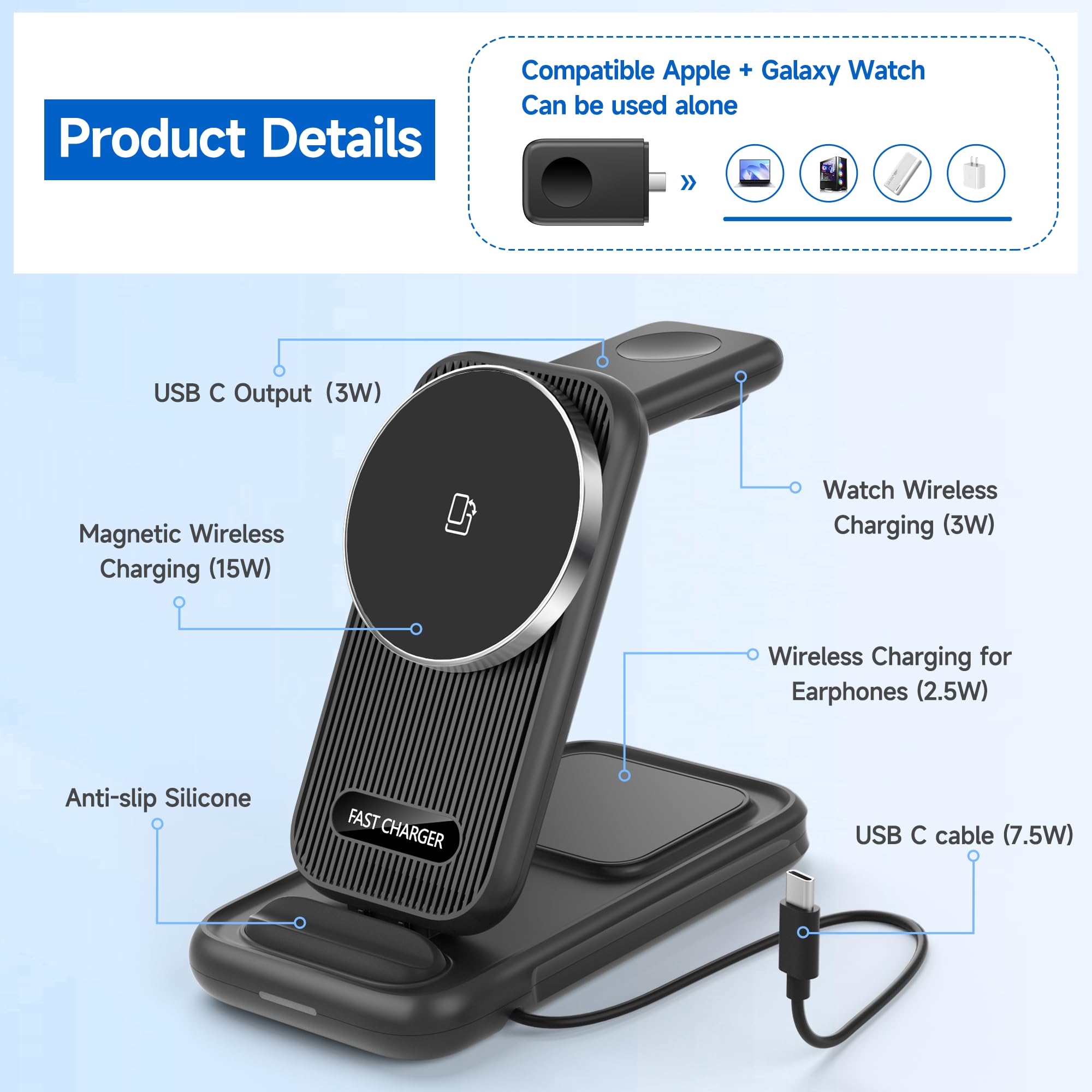 4-in-1 MagSafe Wireless Charging Station - Fast Qi-Certified Charger Stand for iPhone 15/14/13/12 Pro Max, Apple Watch, AirPods Pro & Samsung Galaxy S24/S23, Watch, Buds - Perfect for Home, Office & Nightstand Charging