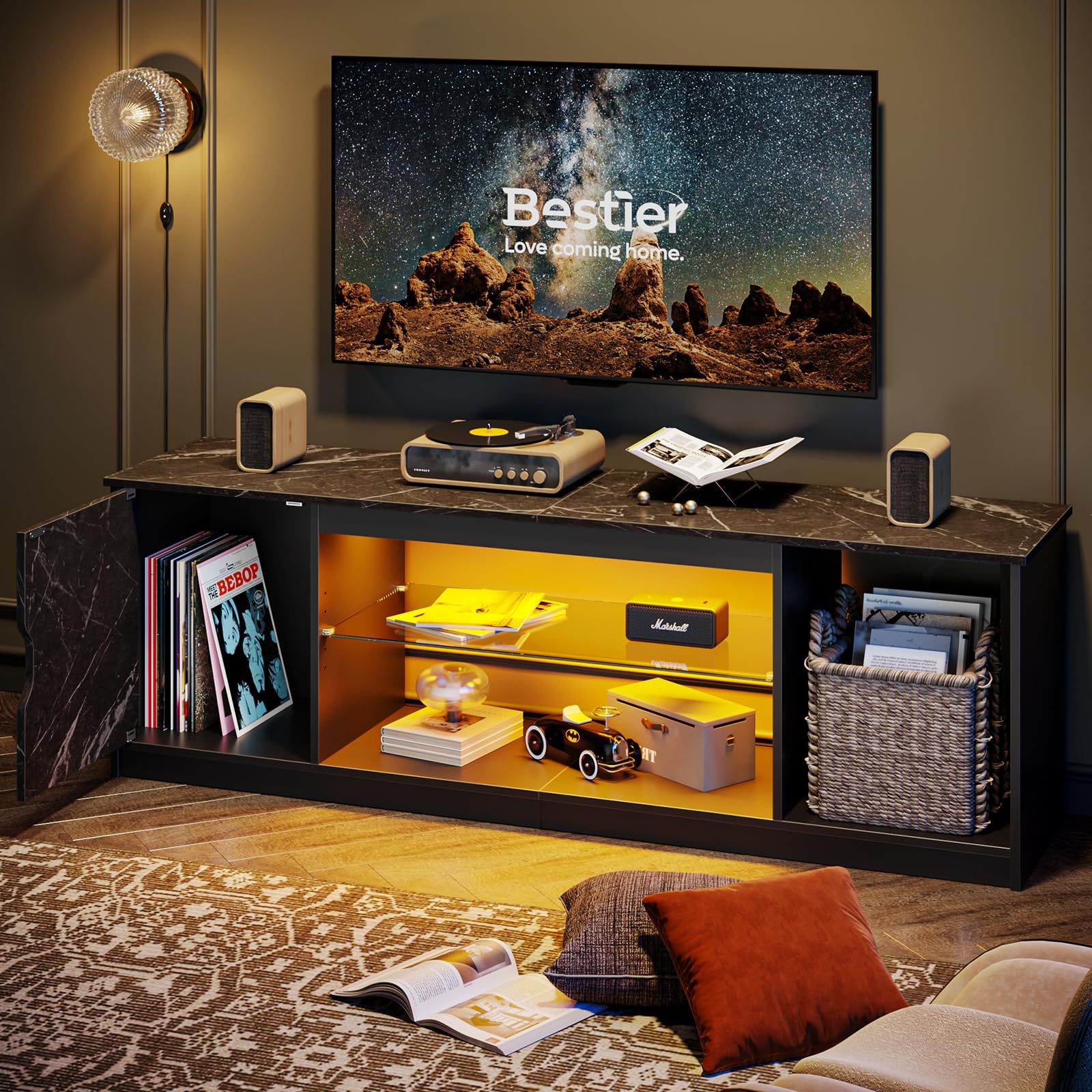 Bestier 57 Inch LED TV Stand for 55-65 Inch TVs - Modern Entertainment Center with Storage Cabinet for PS5, Xbox & Gaming Consoles - Adjustable Glass Shelves TV Console for Living Room & Bedroom - Black Marble Finish | Perfect for Home Theater Setup & Gaming Stations