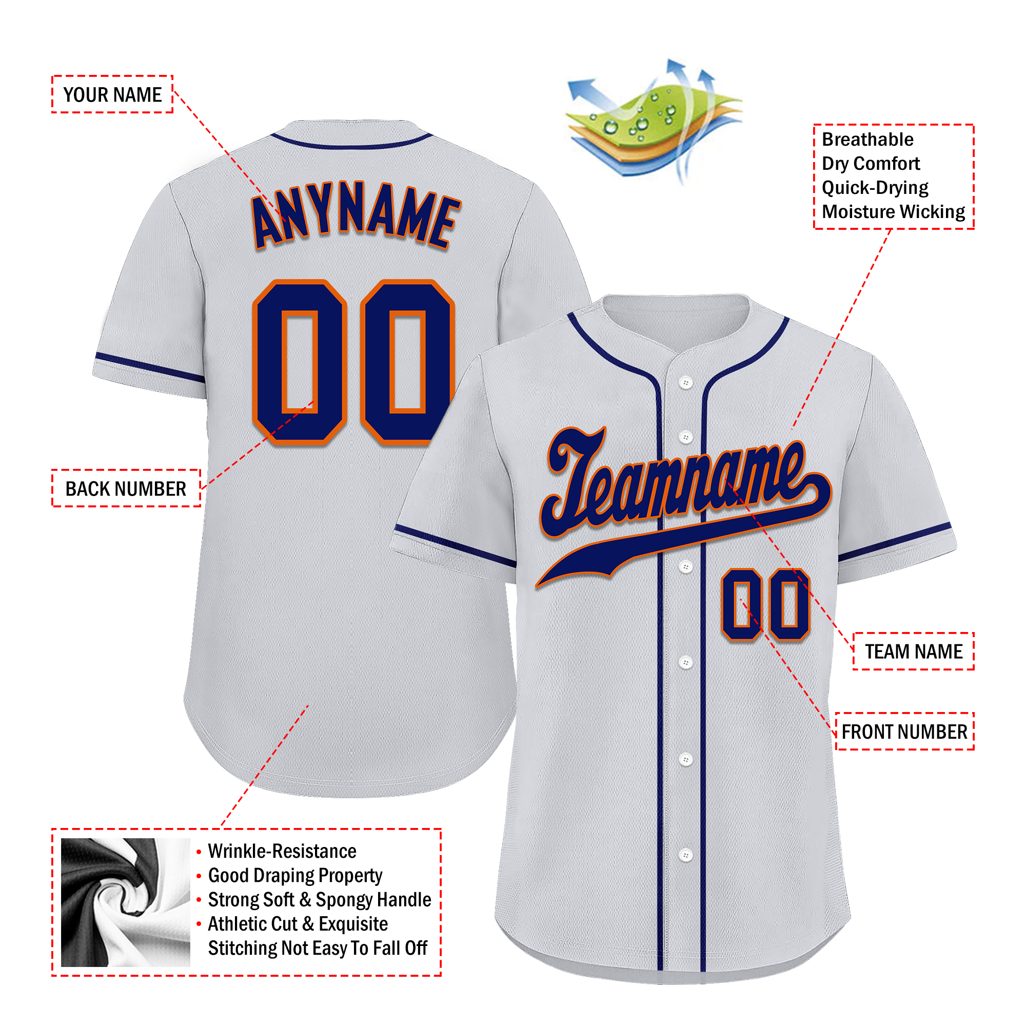 Custom Grey Classic Style Personalized Authentic Baseball Jersey - BSBJ01 - Perfect for Team Uniforms, Fan Gear & Sports Events