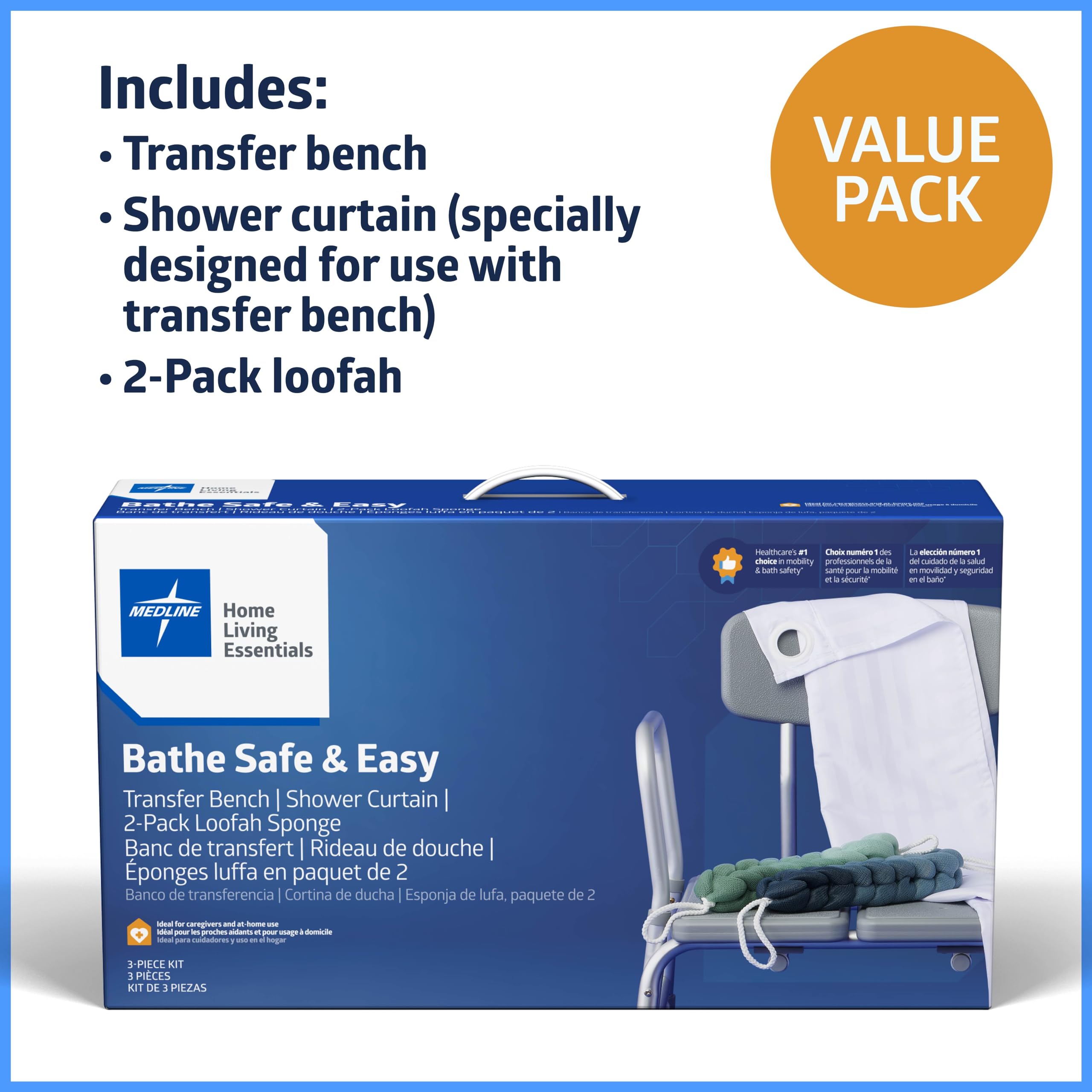 Medline Bath Transfer Bench & Shower Curtain Combo with 2-Pack Loofah Sponges - Safe Bathing Solution for Seniors, Disabled Adults, and Caregivers - Ideal for Elderly Home Care and Assisted Living Facilities