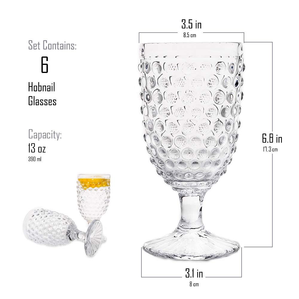 Vintage Hobnail Drinking Glasses Set of 6 - 13 oz Iced Tea Cups for Wine, Beer, Juice, Soda & Milk - Elegant Glass Goblets Perfect for Weddings, Parties, Bars & Home Entertaining