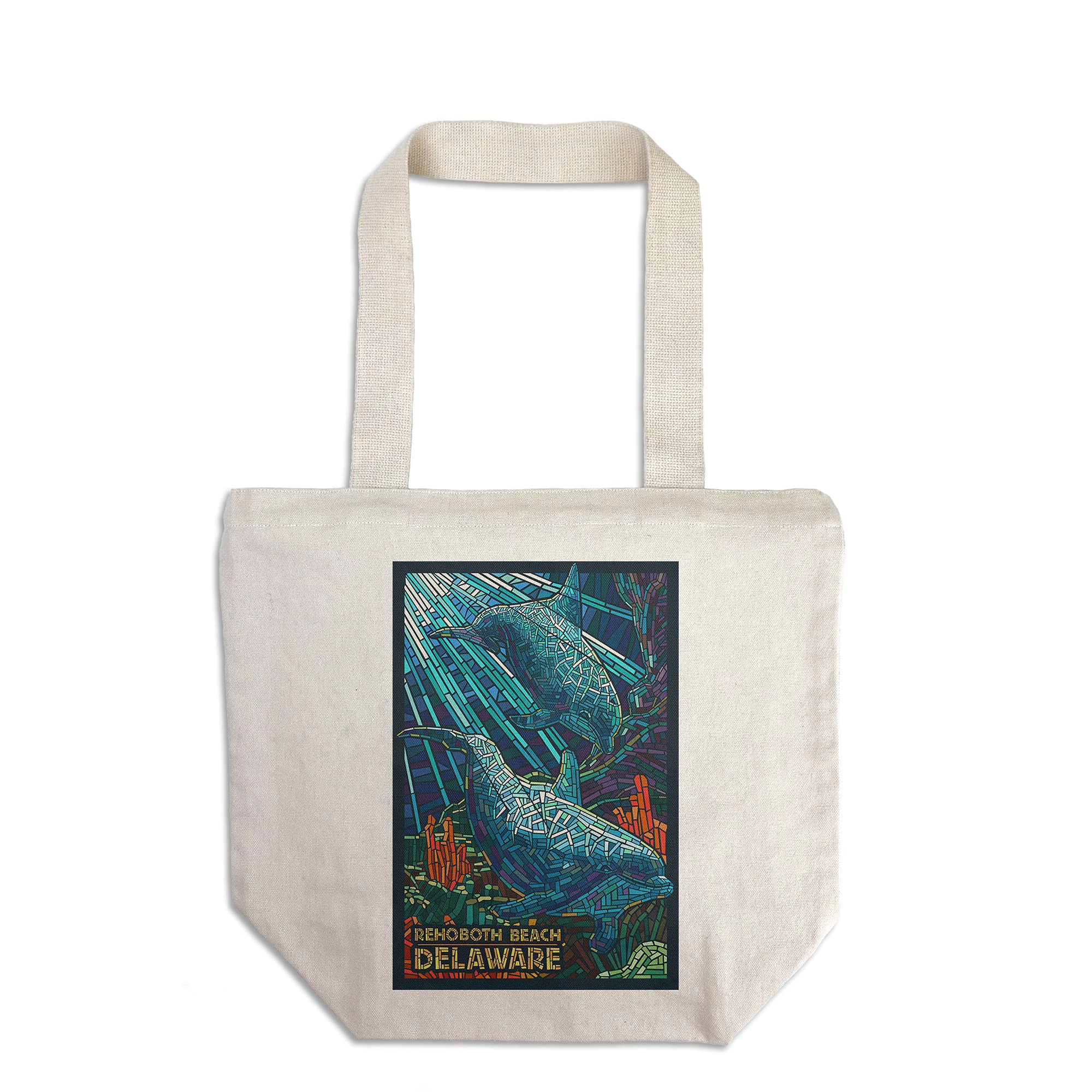 Lantern Press Rehoboth Beach Delaware Dolphin Mosaic Tote Bag - 100% Cotton Canvas Reusable Shopping Bag for Beach, Groceries & Everyday Use