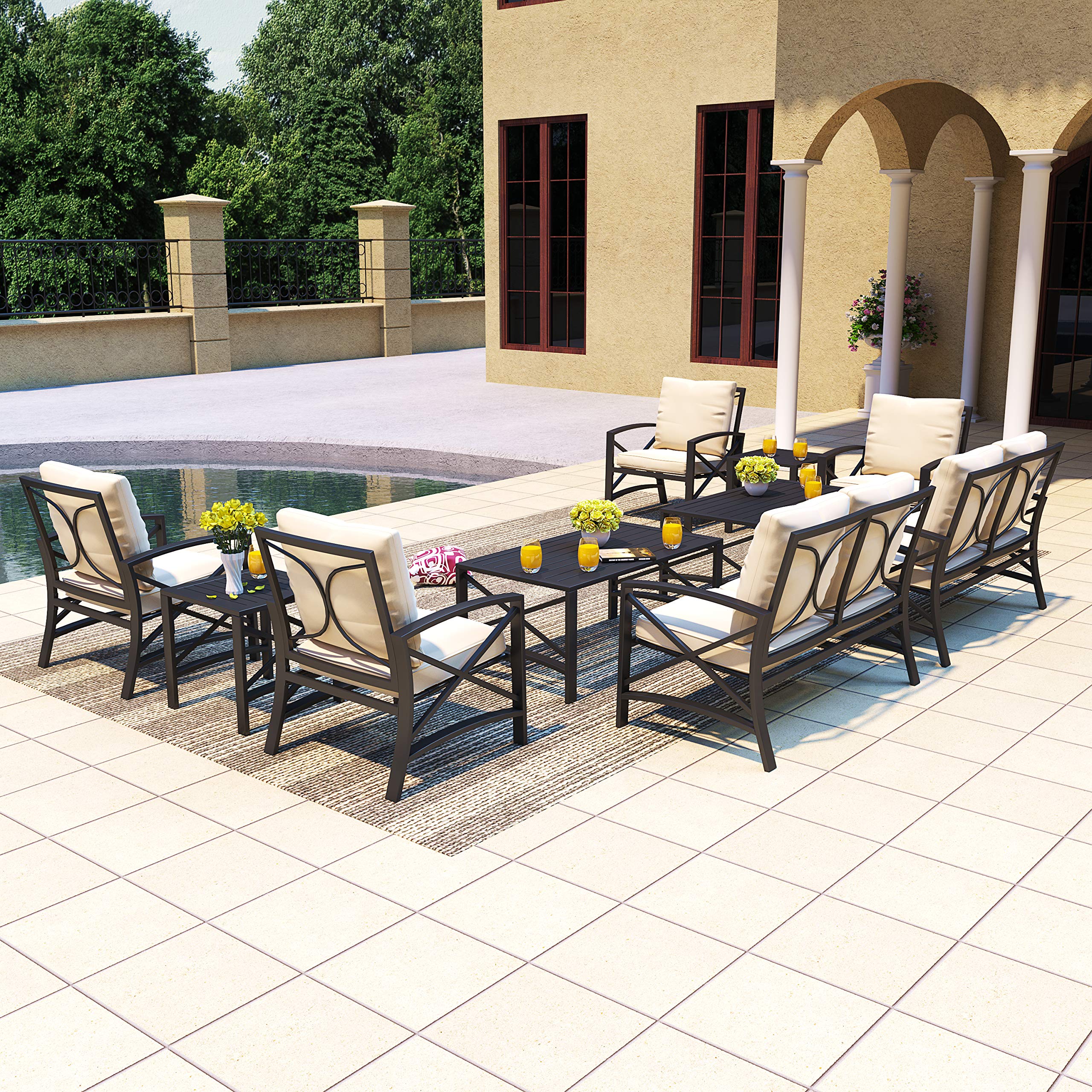 Modern Outdoor Patio Furniture Set - 10-Piece Metal Conversation Sofa Set with Loveseat, Chairs & Coffee Table for Garden, Poolside, Porch & Backyard (Khaki) - Perfect for Relaxing, Entertaining & Outdoor Gatherings