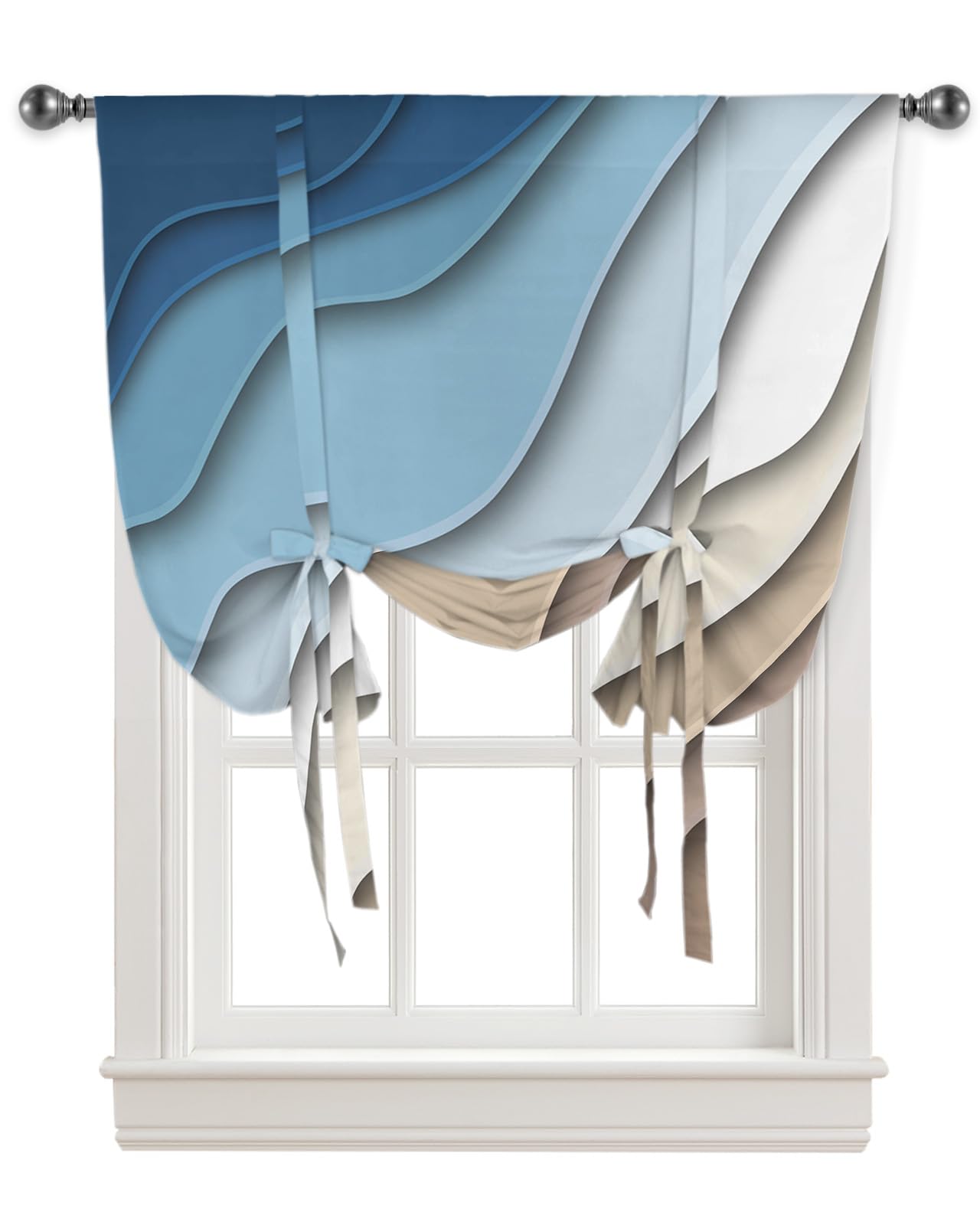 Modern Teal Blue Geometric Tie-Up Kitchen Curtains - Adjustable Balloon Shade with Stripe Pattern, Rod Pocket Drapes for Small Windows (42