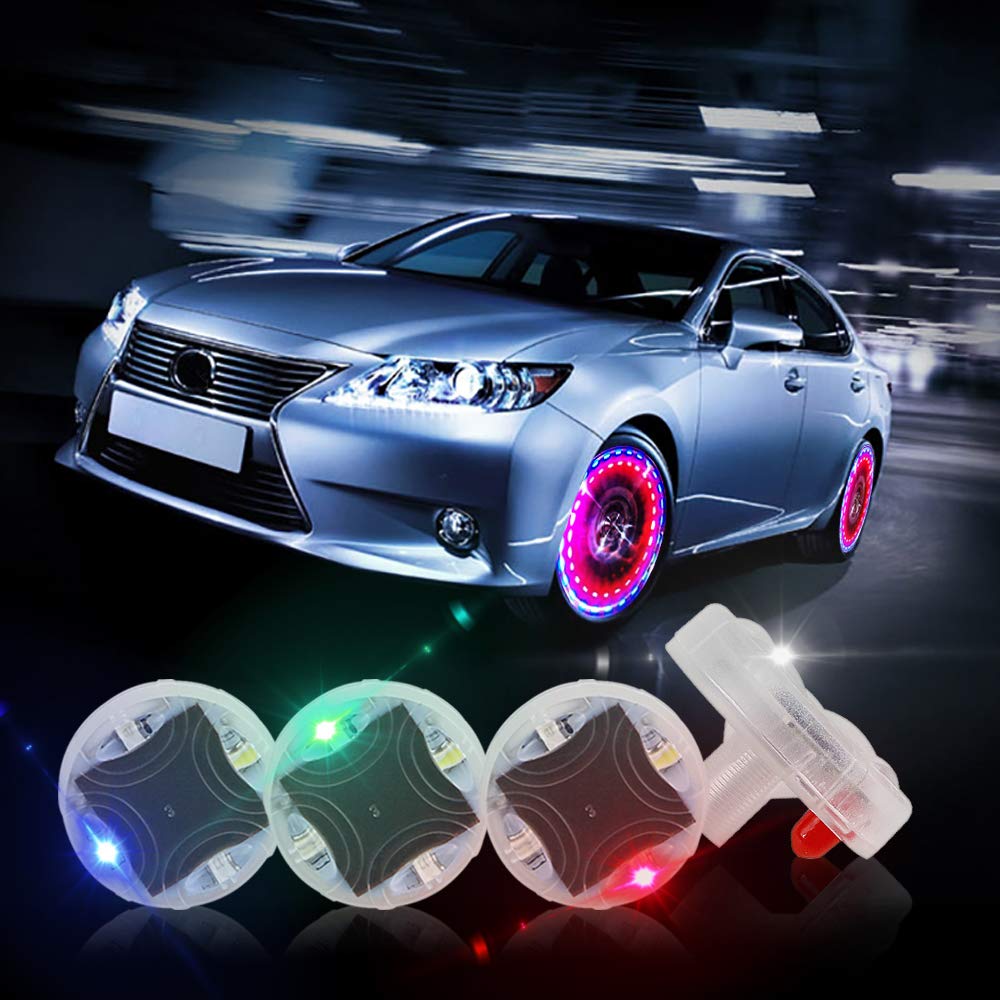 4pcs LED Tire Wheel Lights with Motion Sensor - Colorful Air Valve Hub Lamp Cap Lights for Cars, Bikes & Motorcycles | Night Riding, Car Shows & Vehicle Customization Accessories
