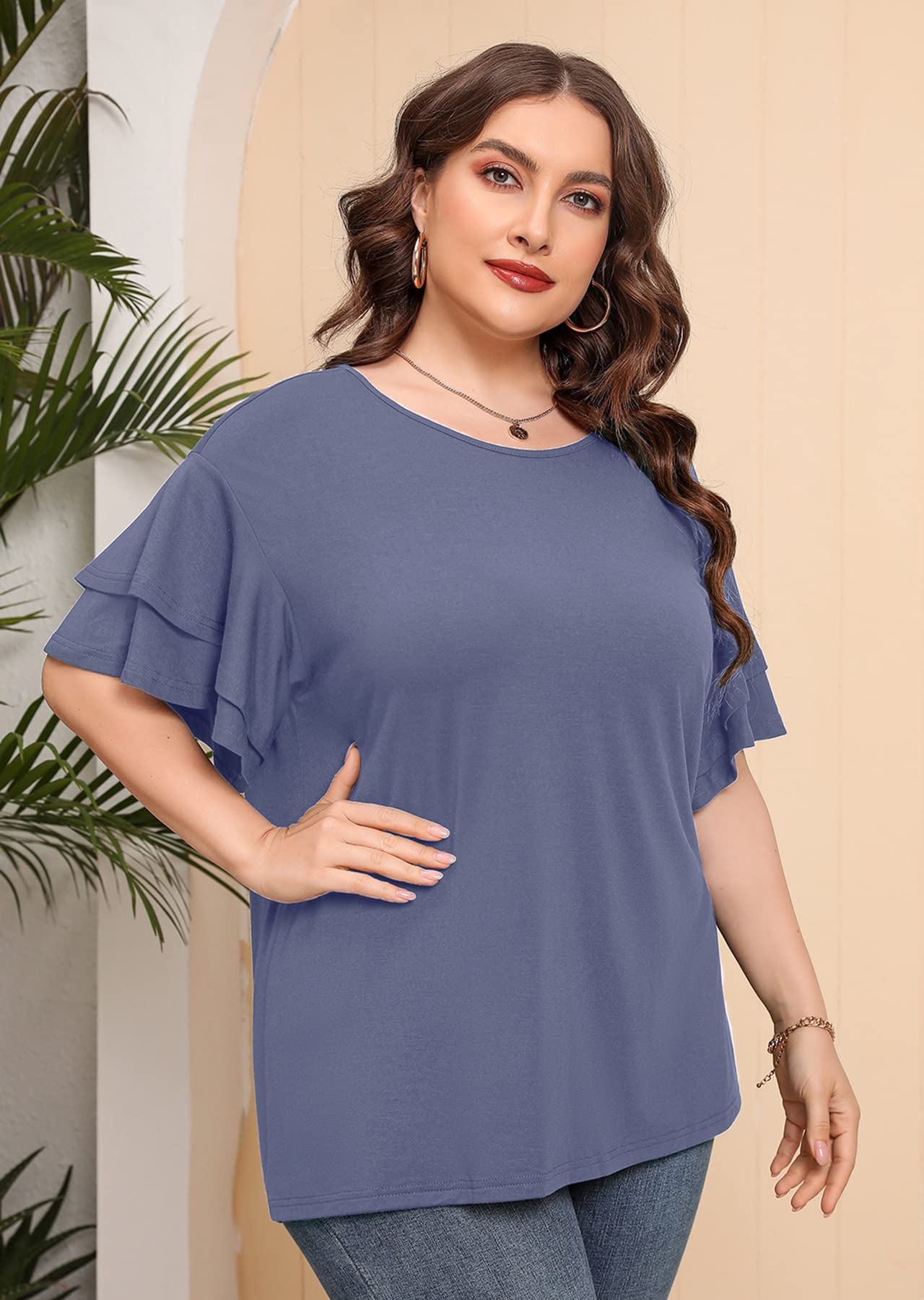 Plus Size Tunic for Women - Double Ruffle Short Sleeve Loose Fit Flowy Shirt | Summer Casual Top for Work, Vacation & Everyday Wear | AusLook Women's Fashion