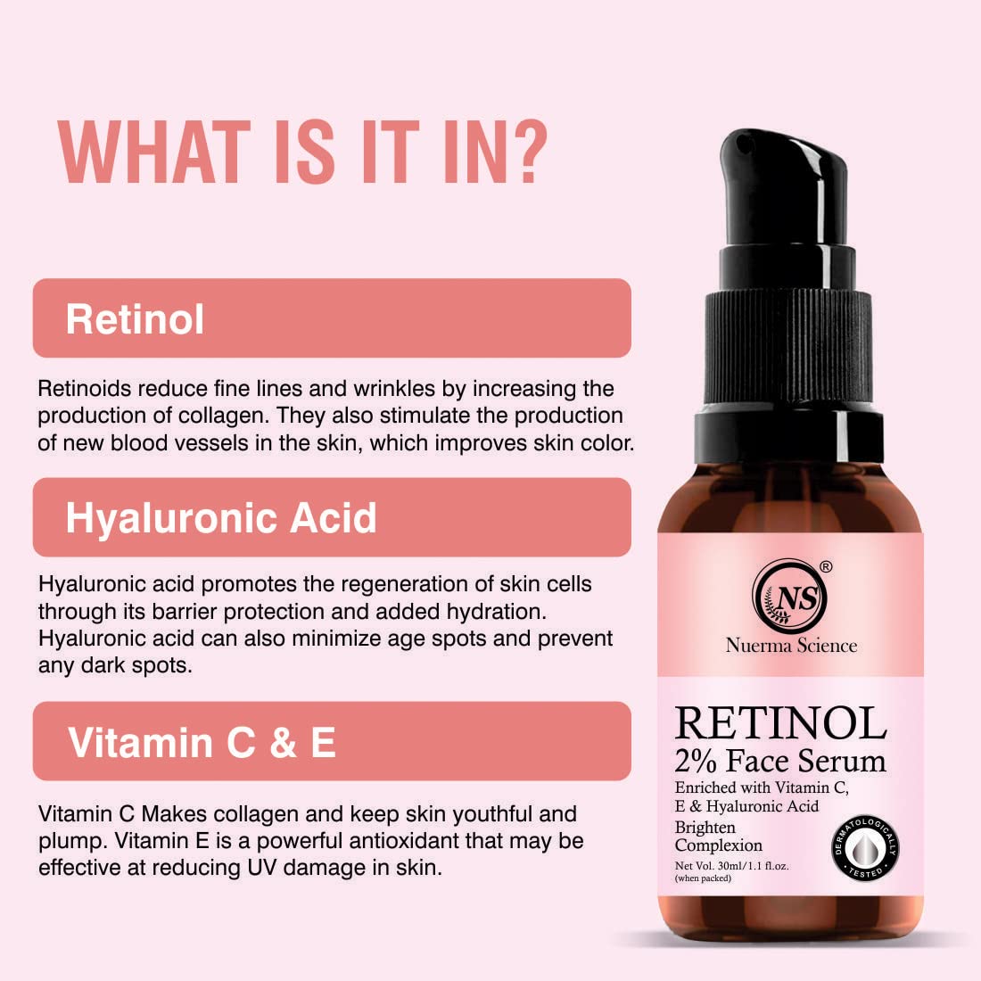 Nuerma Science 2% Retinol Face Serum with Hyaluronic Acid - Anti-Aging Treatment to Reduce Fine Lines & Wrinkles - 30ml - Perfect for Nighttime Skincare Routine & Sensitive Skin Care