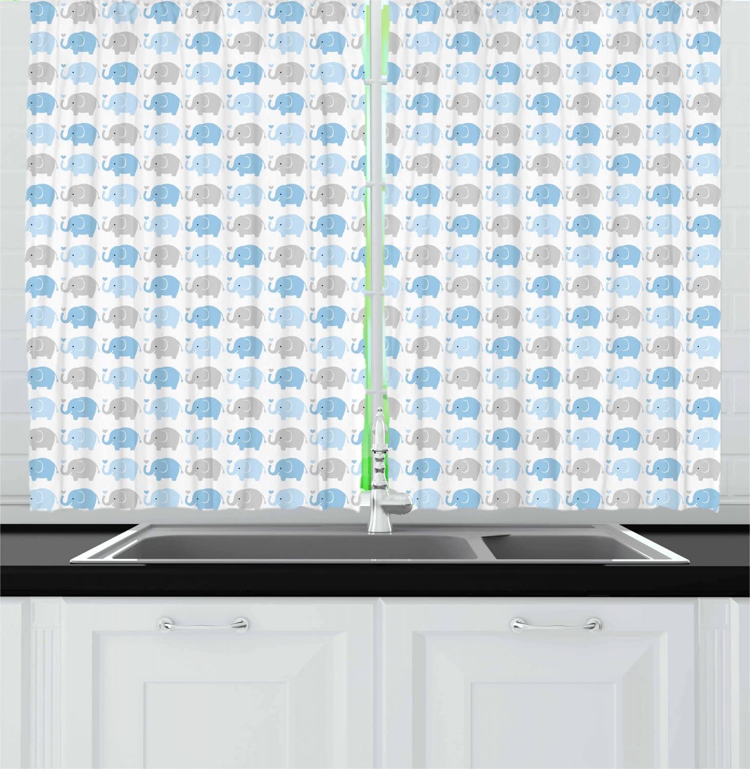 Ambesonne Grey Blue Long Kitchen Curtains - Cartoon Elephant Nursery Animal Drapes with Heart Motifs, Wildlife Theme Rod Pocket Window Panels (55