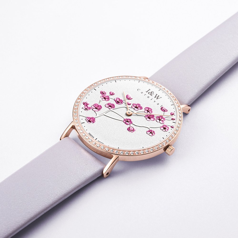 MASTOP Women's Ultra Thin Quartz Watch - Luxury Leather Strap, Large White Dial with Plum Floral Pattern - Elegant Dress Watch for Office, Party & Everyday Wear