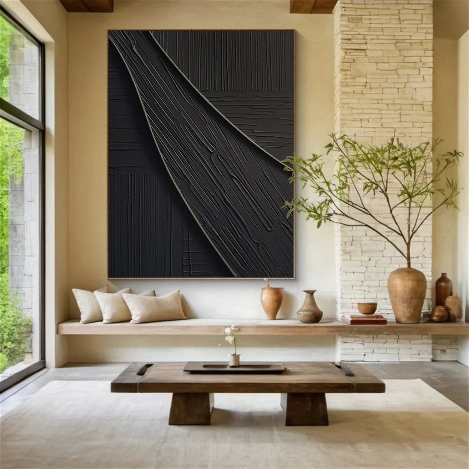 Black Plaster Art Minimalist Textured Wall Painting - Modern Abstract Home Decor for Living Room, Bedroom & Office #MZ112