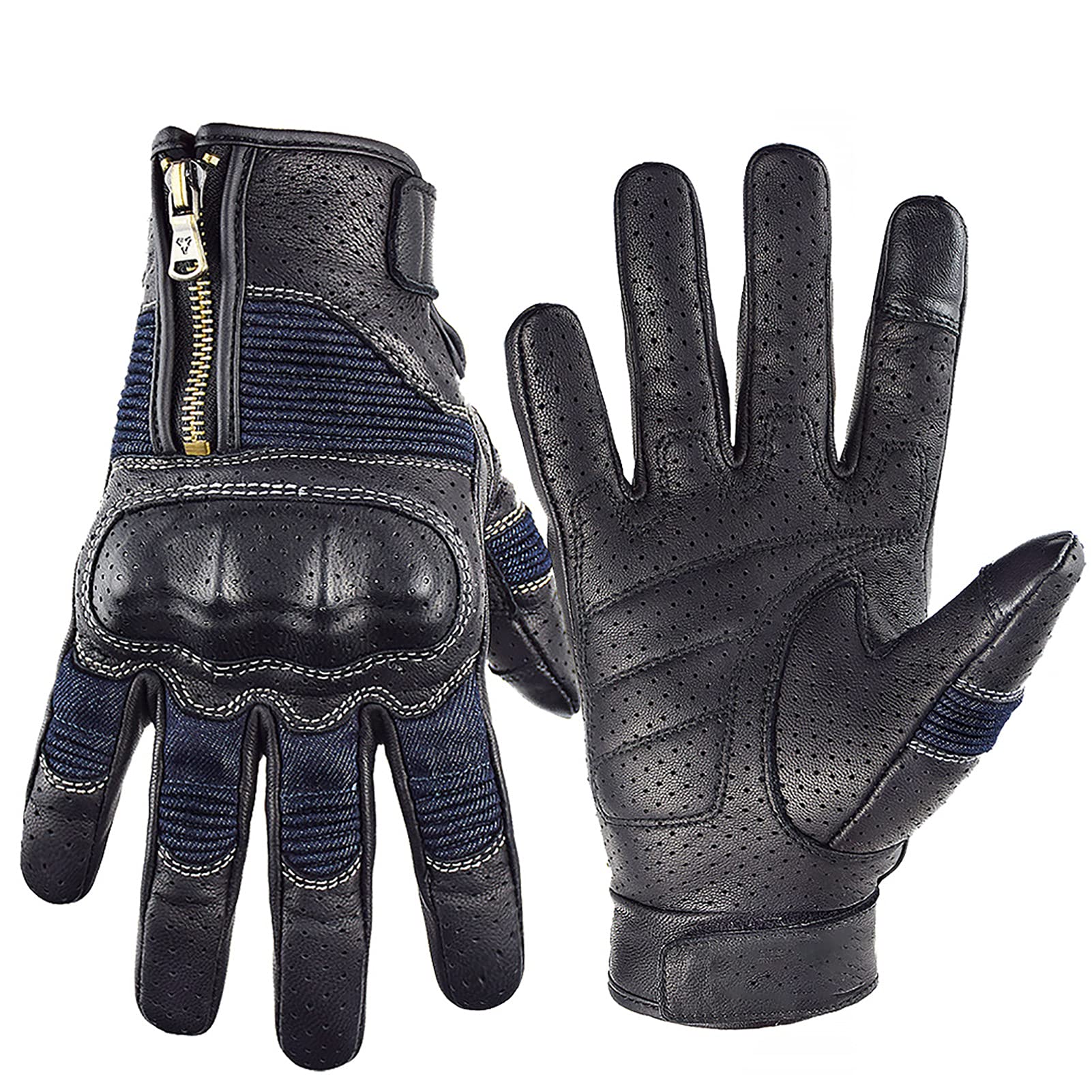 WANGFENG Motorcycle Gloves - Genuine Sheepskin, Retro Denim Design, Breathable for All Seasons - Perfect for Off-Road Racing & Urban Riding