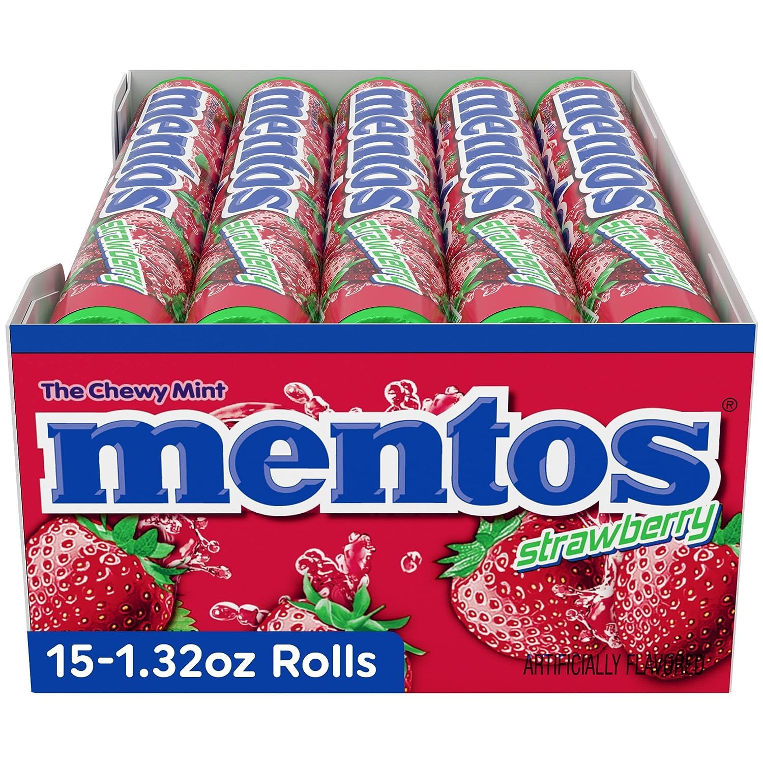 Mentos Chewy Mint Candy Roll - Strawberry Flavor, Non-Melting, 14 Count (Pack of 15) - Perfect for Parties, Office Snacks & On-the-Go Treats
