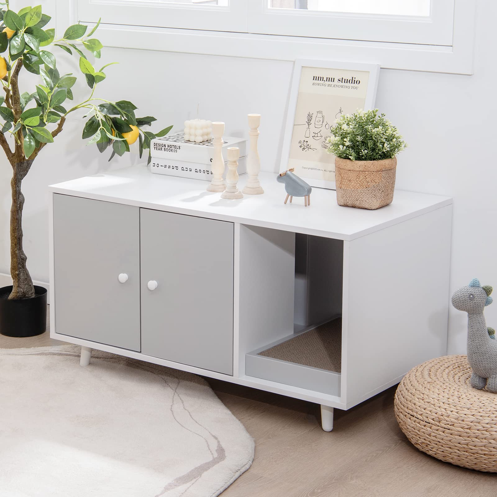 Tangkula Hidden Cat Litter Box Enclosure Furniture - Double Door Design with Scratching Pad & Metal Legs for Large Cats, Grey & White - Perfect for Living Rooms, Bedrooms & Home Decor