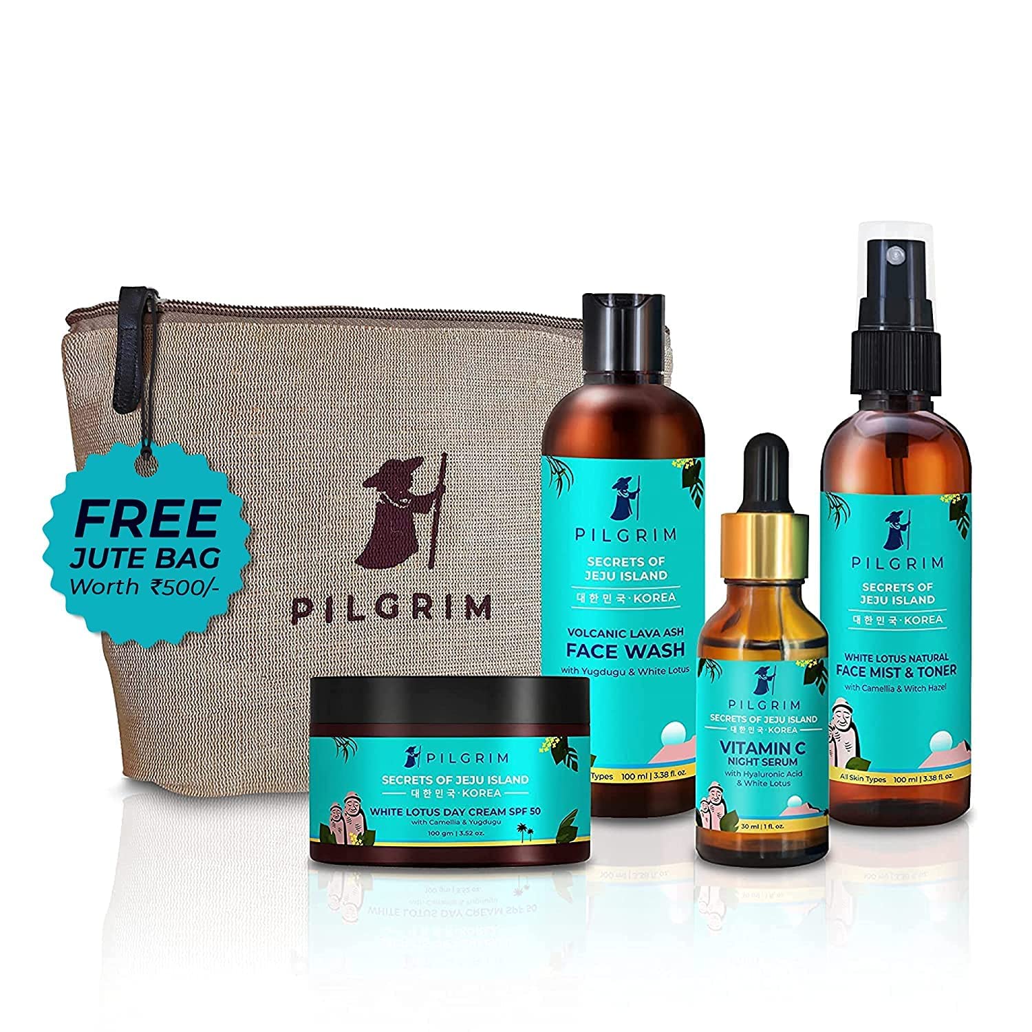 Pilgrim Korean Beauty Skin Care Set - Hydrating Face Wash, Brightening Toner, SPF50 Day Cream & Vitamin C Serum with Free Jute Bag | Complete Daily Skincare Routine for Glowing Skin