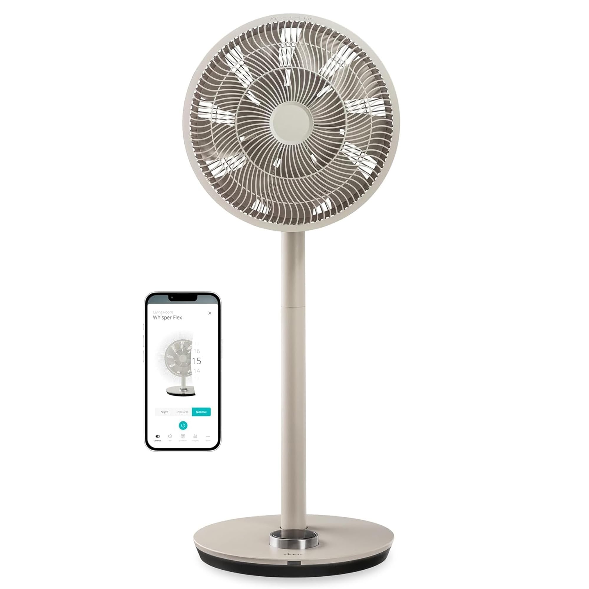 Duux Whisper Flex Smart Stand Fan - Remote & Smartphone Control - Adjustable Height 51-88cm - Quiet Fan with Night Mode & Timer - Energy Efficient, Battery-Free - Greige - Perfect for Bedroom, Office & Living Room Cooling