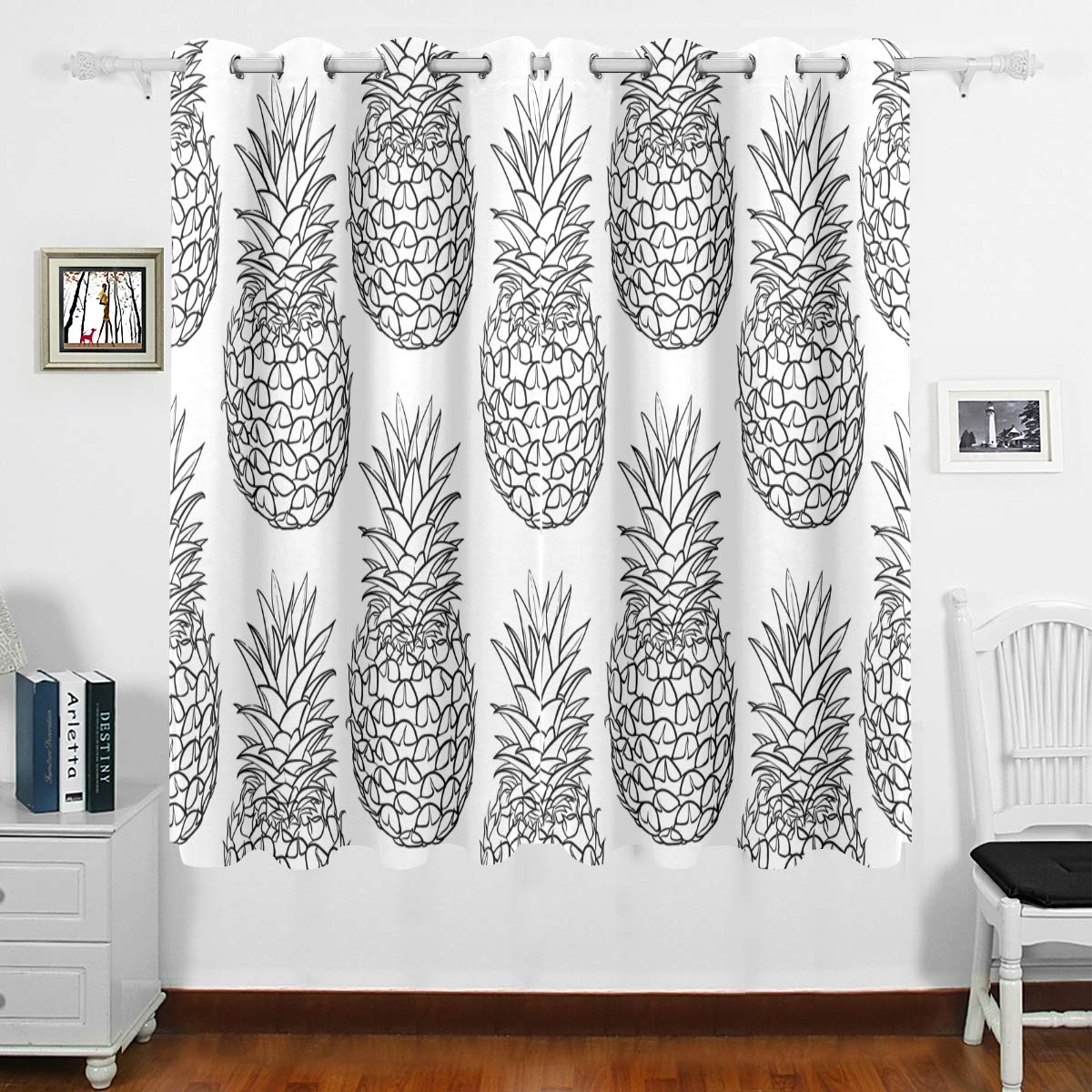 DOMIKING Blackout Curtains for Bedroom - Thermal Insulated Pineapple Print Window Drapes with Grommet Top, 63x55 Inch, Hand Drawn Home Decor for Living Room & Bedroom - Perfect for Night Shift Workers, Light Sleepers, and Home Theater Rooms