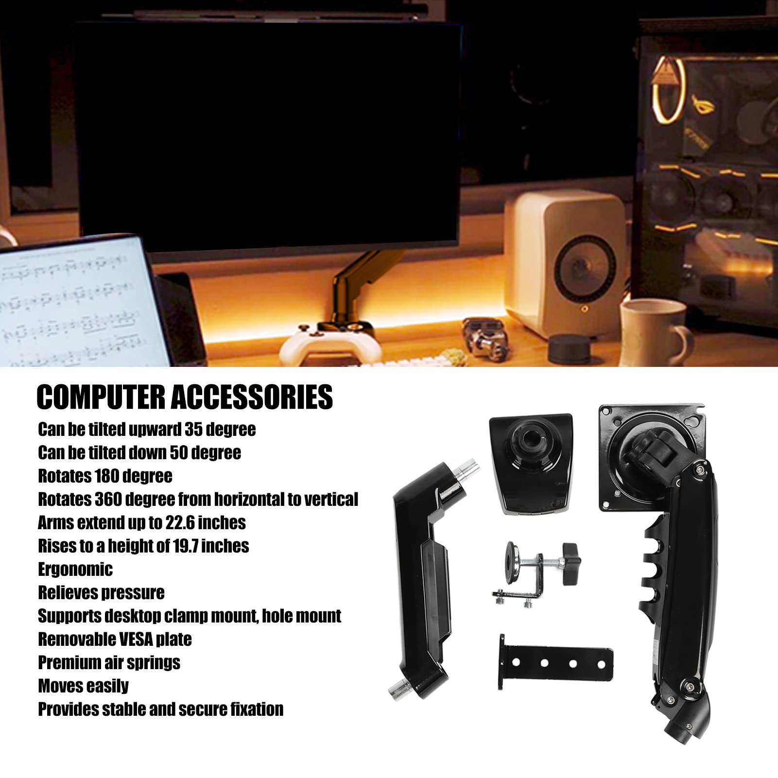 CCYLEZ Adjustable Single Monitor Arm - Ergonomic Computer Monitor Mount Stand for 17-30 inch Screens (Supports 17, 19, 20, 21, 21.5, 22, 23, 24, 25, 27, 30 inch Monitors) - Perfect for Home Office, Gaming Setup & Workspace Ergonomics