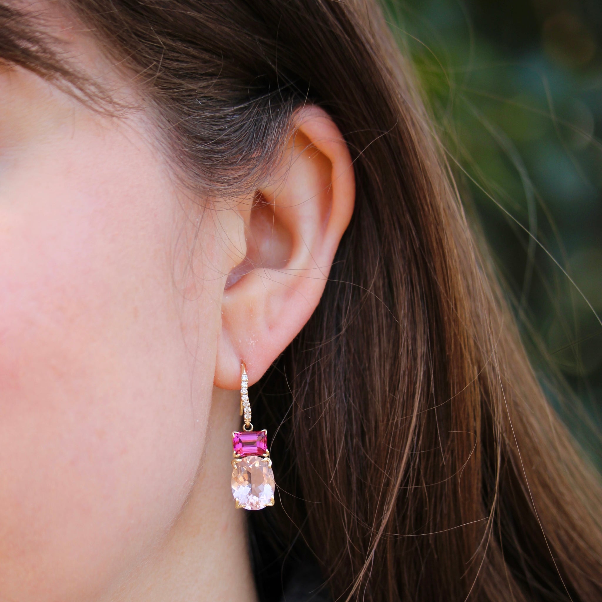 14K Gold Morganite & Pink Tourmaline Dangle Earrings - Elegant River Design for Women, Perfect for Weddings, Parties & Special Occasions
