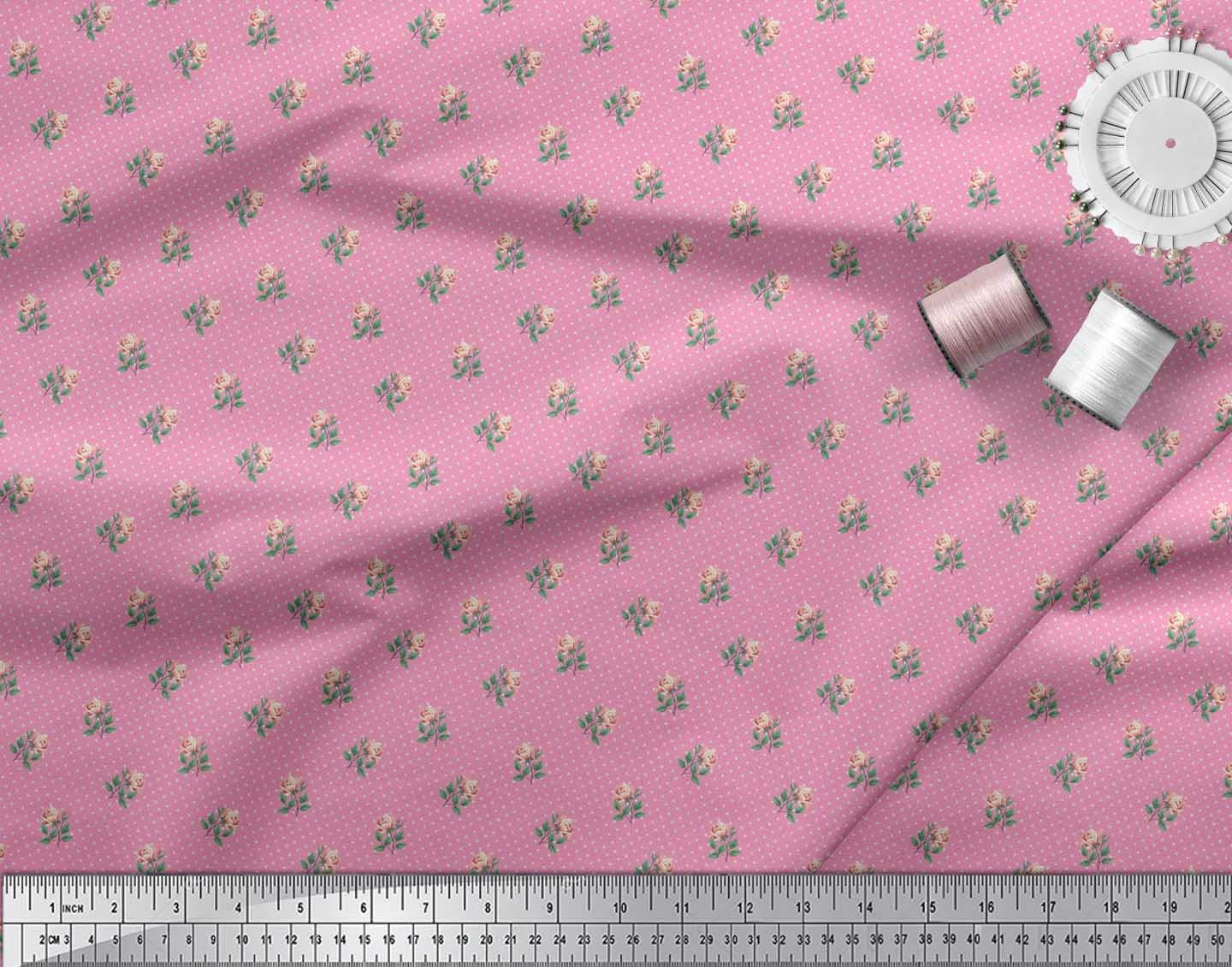 Soimoi Rayon Pink Floral Fabric by The Yard - 42 Inch Wide - Dot, Leaves & Rose Printed Fabric for Fashion & Home Decor - Perfect for Dresses, Curtains, DIY Crafts & Upholstery