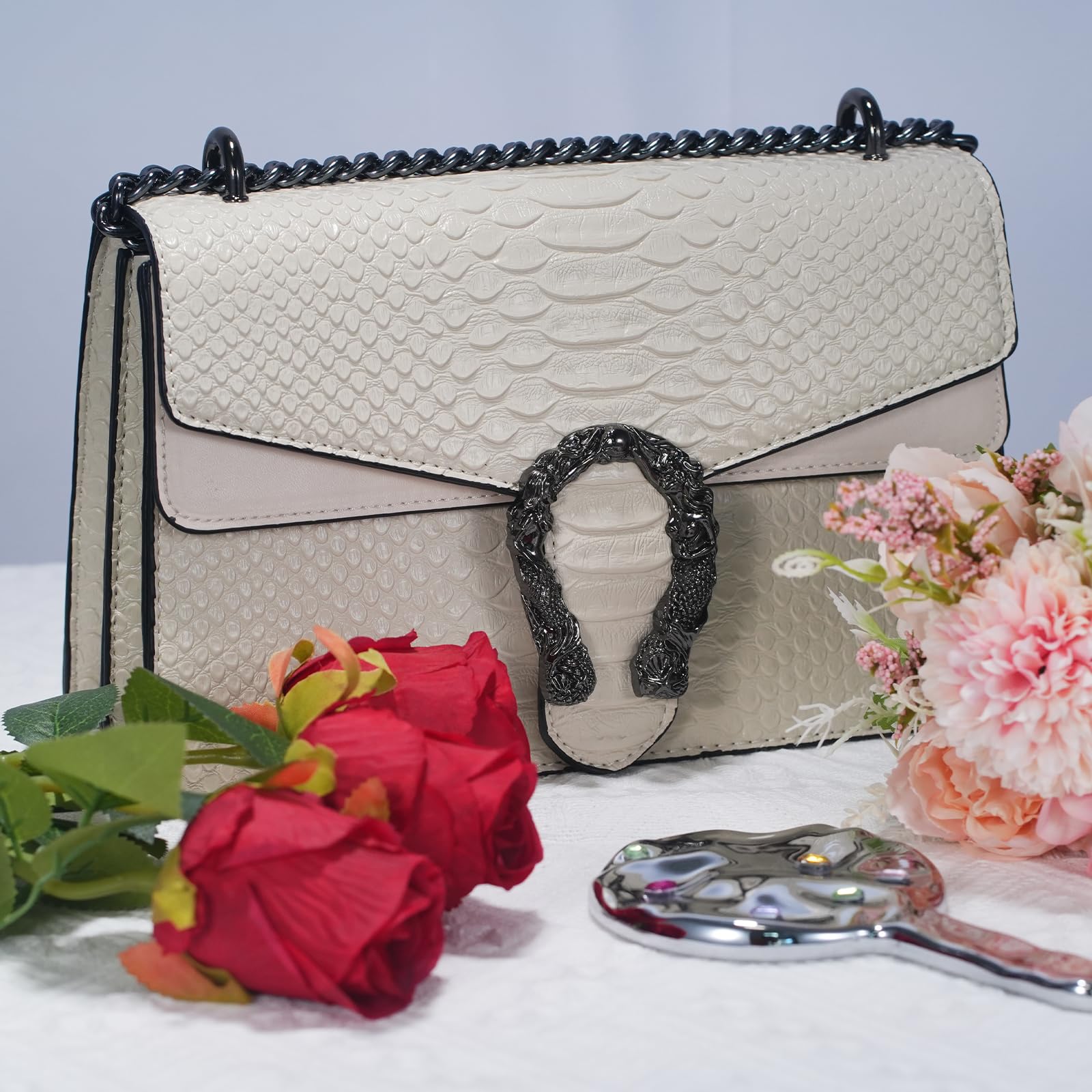 Aiqudou Women's Crossbody Bag & Satchel Purse - Fashionable Snake Print Chain Shoulder Bag, Luxury PU Leather Handbag for Daily Use, Work, Travel & Evening Out