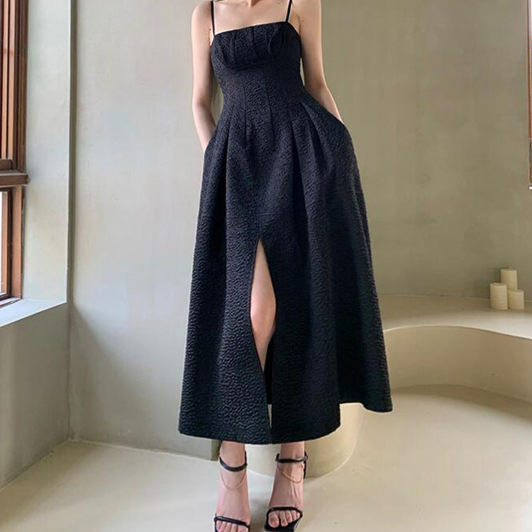 French Retro Black Slit Spaghetti Strap Summer Dress 814 - Elegant Vintage Style for Date Night, Cocktail Parties & Beach Vacations
