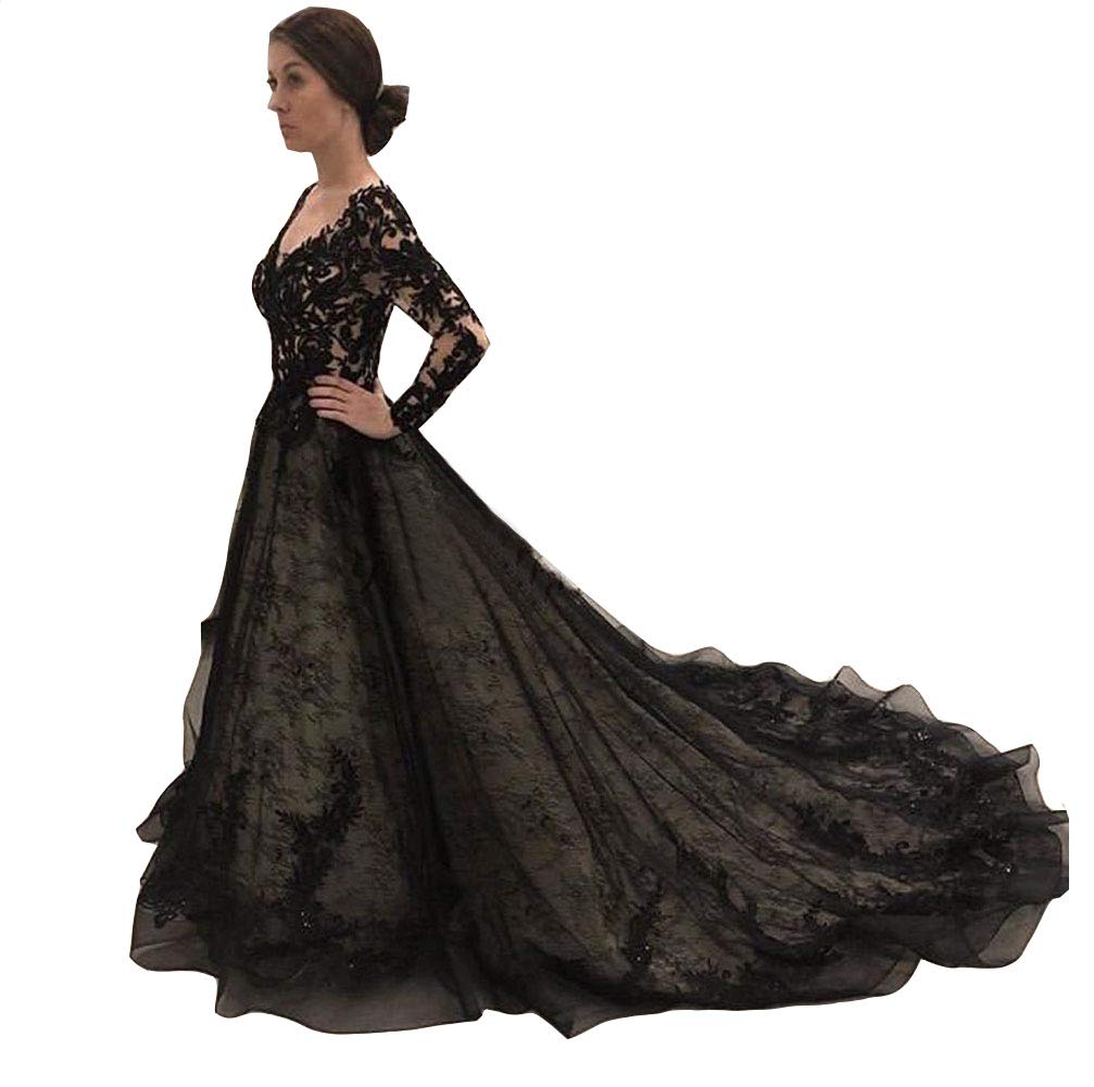 Emmani Women's Vintage Black Wedding Dress with Illusion Bodice - Elegant Bridal Gown for Vintage Weddings, Gothic Ceremonies & Romantic Photos