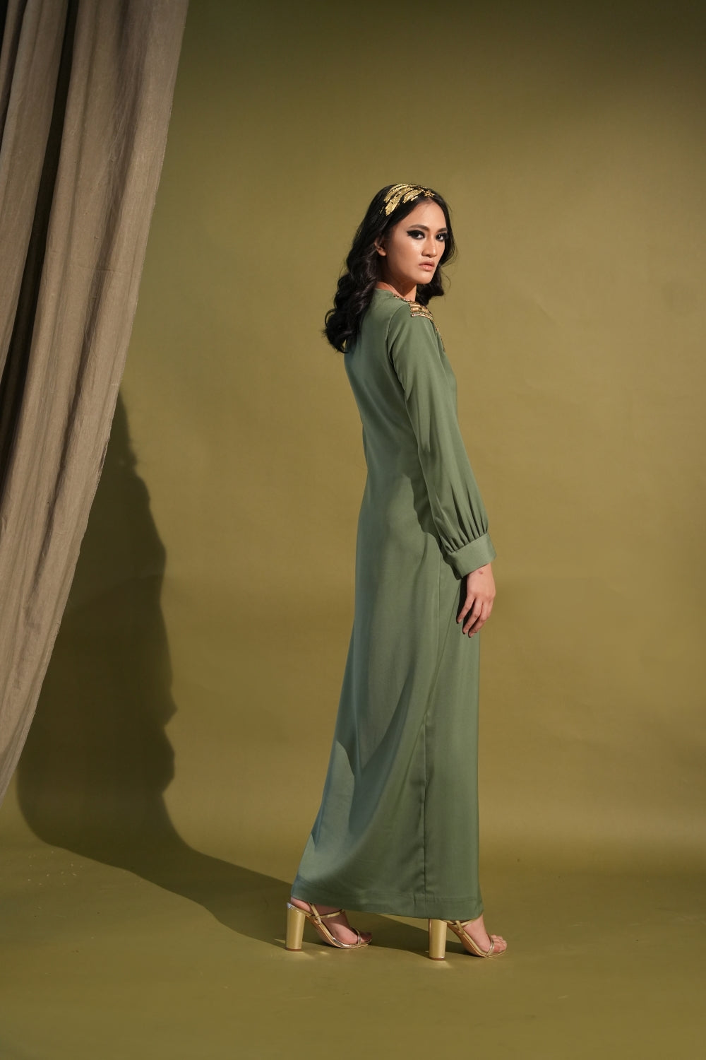 Elegant Dark Jade Green Slit Dress with Metallic Gold Embellishments - Perfect for Evening Parties, Cocktail Events & Special Occasions
