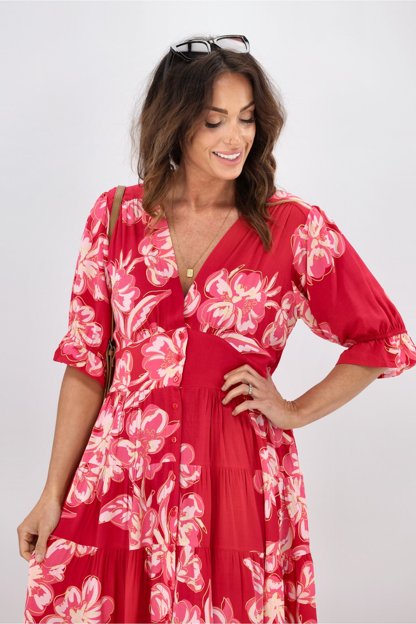 Avamia Amalia Midi Dress for Women - Flowy Pink Summer Dress with V-Neck & Ruffle Sleeves | Perfect for Beach Vacations, Date Nights & Garden Parties