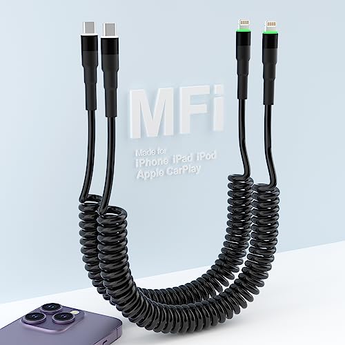 MFi Certified Coiled USB C to Lightning Cable 2-Pack - Fast Charging & Data Transfer Retractable iPhone Charger for Car, Home, Office - Compatible with Apple CarPlay & All Lightning Devices (LED Indicator)