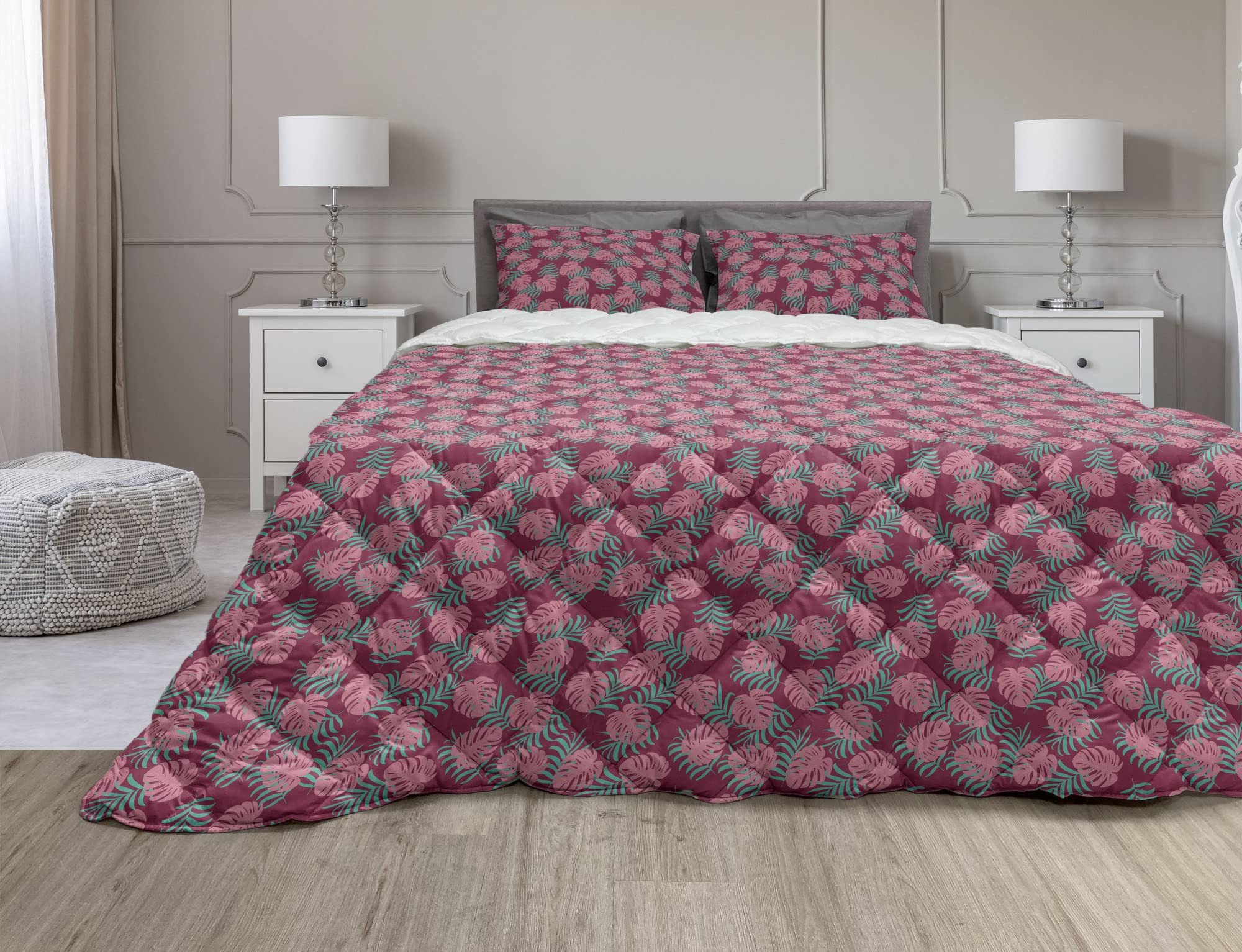 Ambesonne Exotic Monstera Leaves Comforter Set - 3 Piece Queen Size Duvet Cover with Microfiber Filling, Tropical Jungle Foliage Design in Dark Magenta & Turquoise - Perfect for Summer Bedroom Decor, Boho Chic Home Styling and Vacation House Bedding