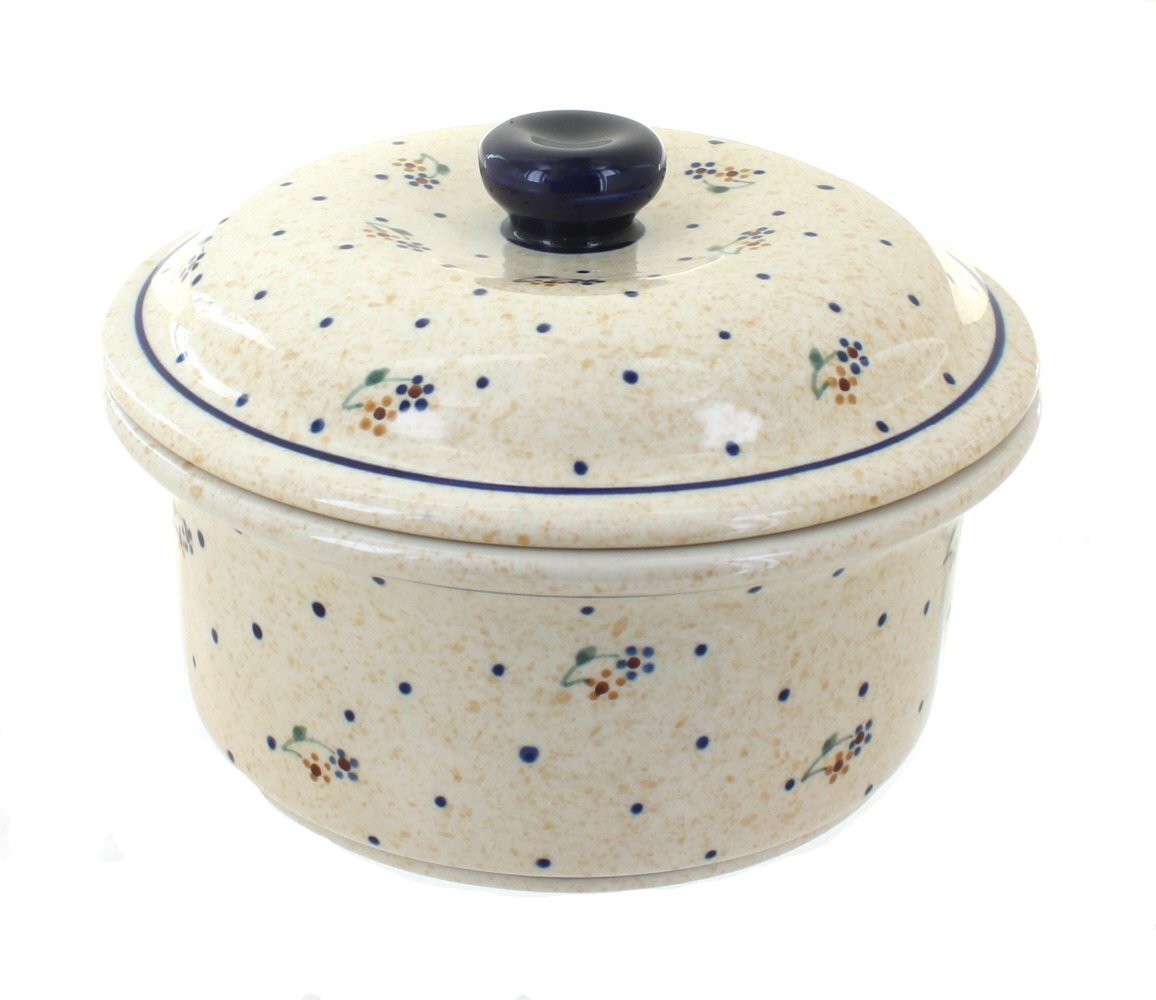 Blue Rose Polish Pottery Country Meadow Round Baker with Lid - Handmade Ceramic Baking Dish for Casseroles, Pies & Bread - Perfect for Rustic Kitchens & Farmhouse Decor
