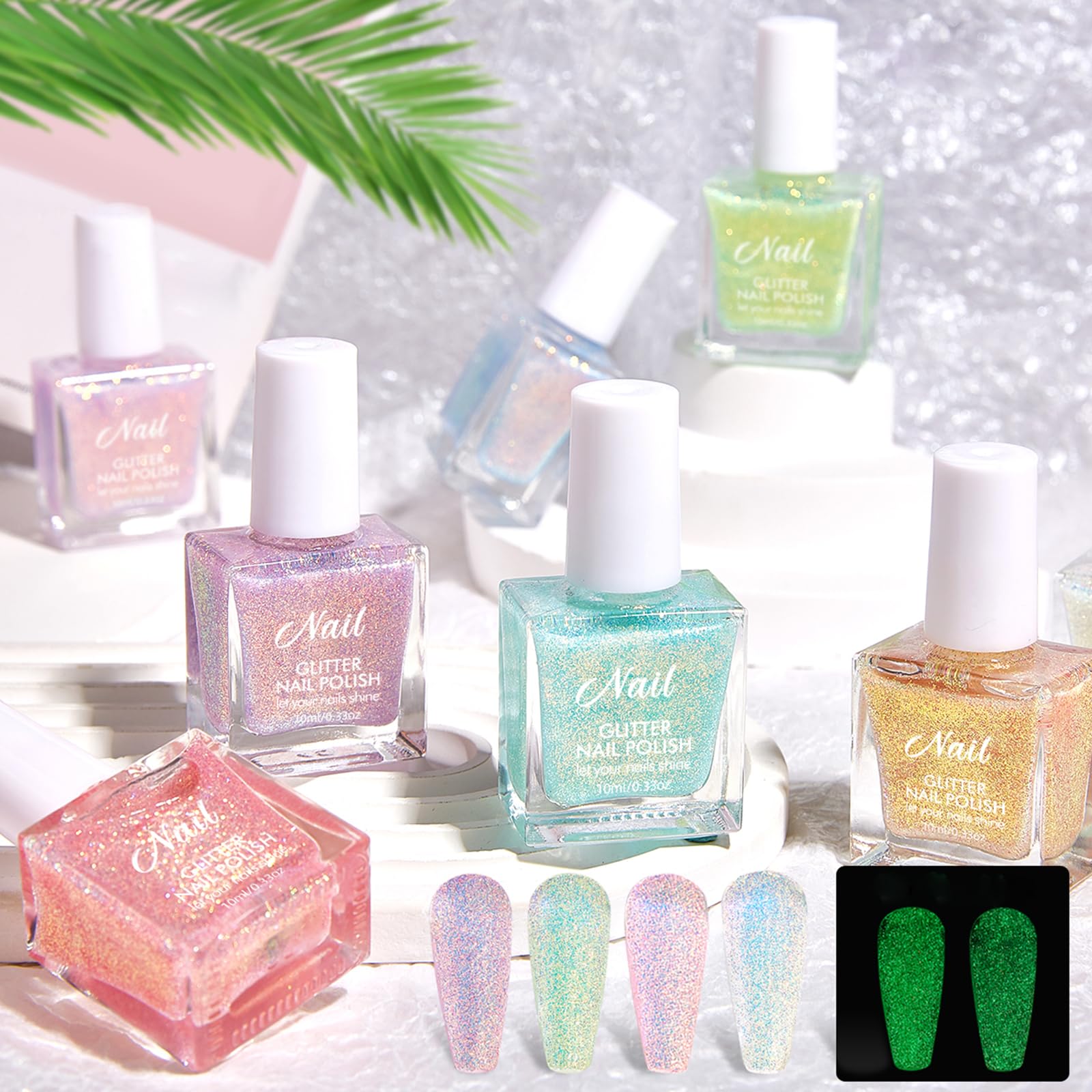 Glow in The Dark Nail Polish Set - Neon Green Luminous Nail Polish with Glitter, Quick Dry Non-Toxic Formula for Fingers & Toes | Perfect for Salon, Home DIY, Halloween, Parties & Night Events (10ML)